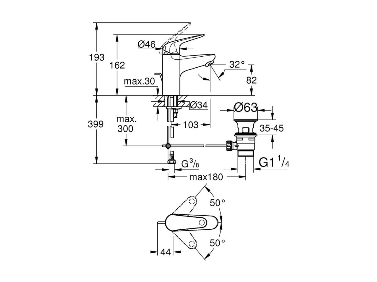 Mitigeur lavabo GROHE Swift avec tirette chromé S