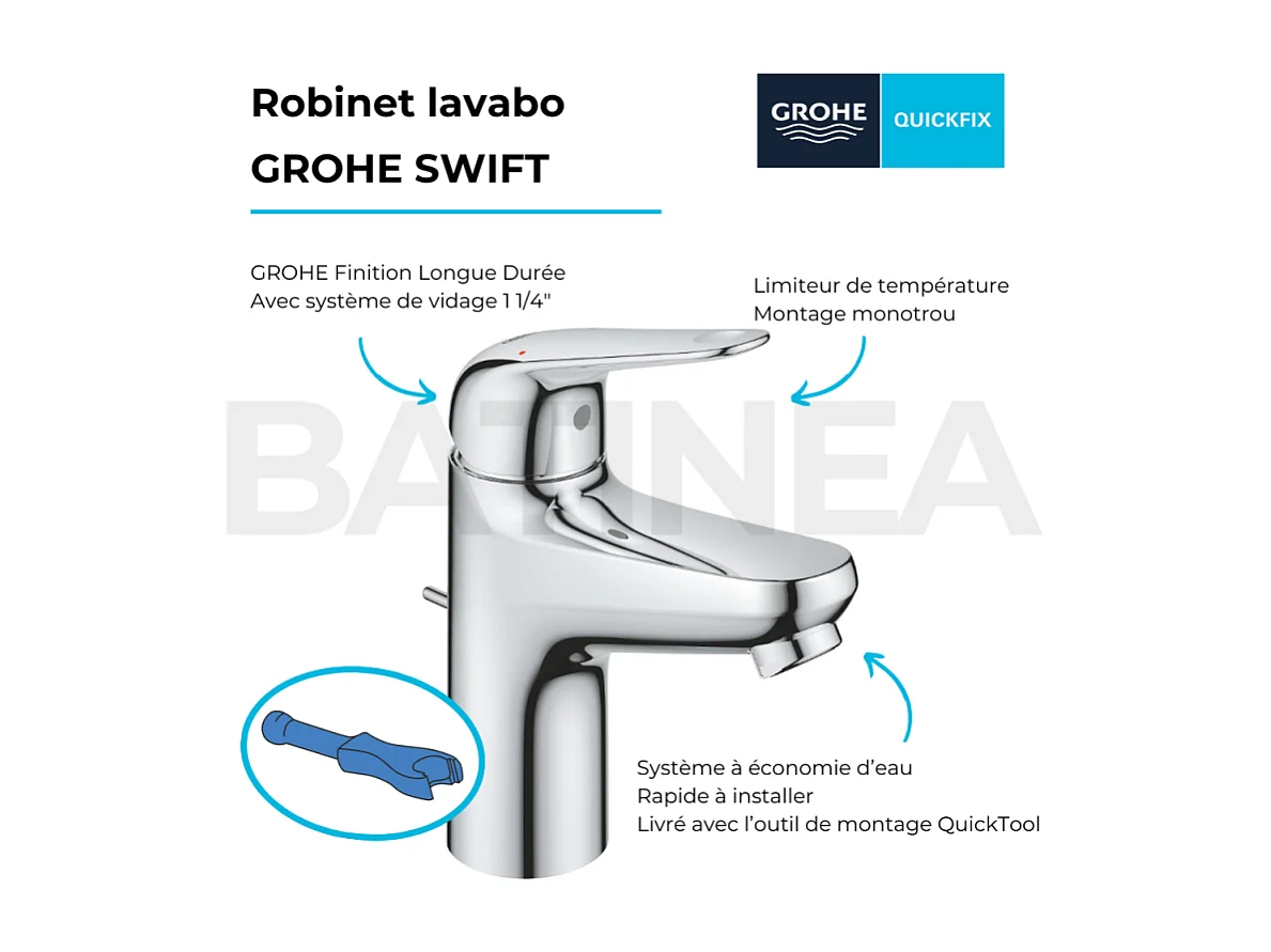 Mitigeur lavabo GROHE Swift avec tirette chromé S