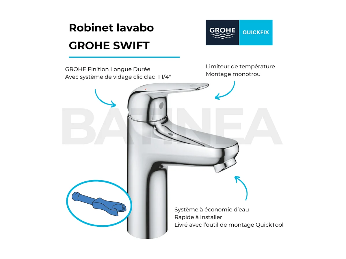 Mitigeur lavabo GROHE Swift avec vidage Push open chromé M