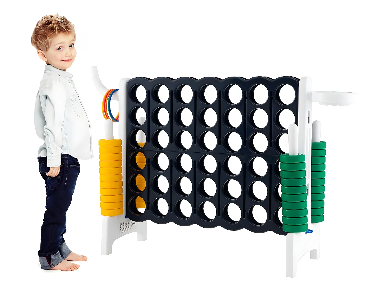 Jeux Puissance 4 Géant pour Enfants Multifonction 3 en 1 avec Cerceau de Basket-ball Jeu d’Anneaux au Côté 42 Anneaux Blanc