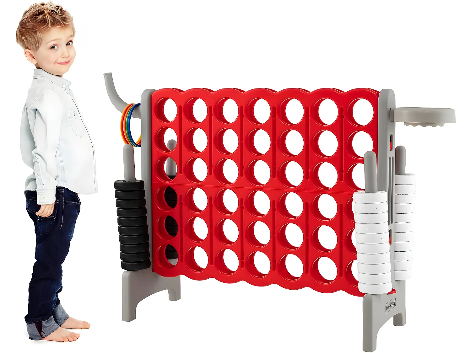 Jeux Puissance 4 Géant pour Enfants Multifonction 3 en 1 avec Cerceau de Basket-ball Jeu d’Anneaux au Côté 42 AnneauxGris