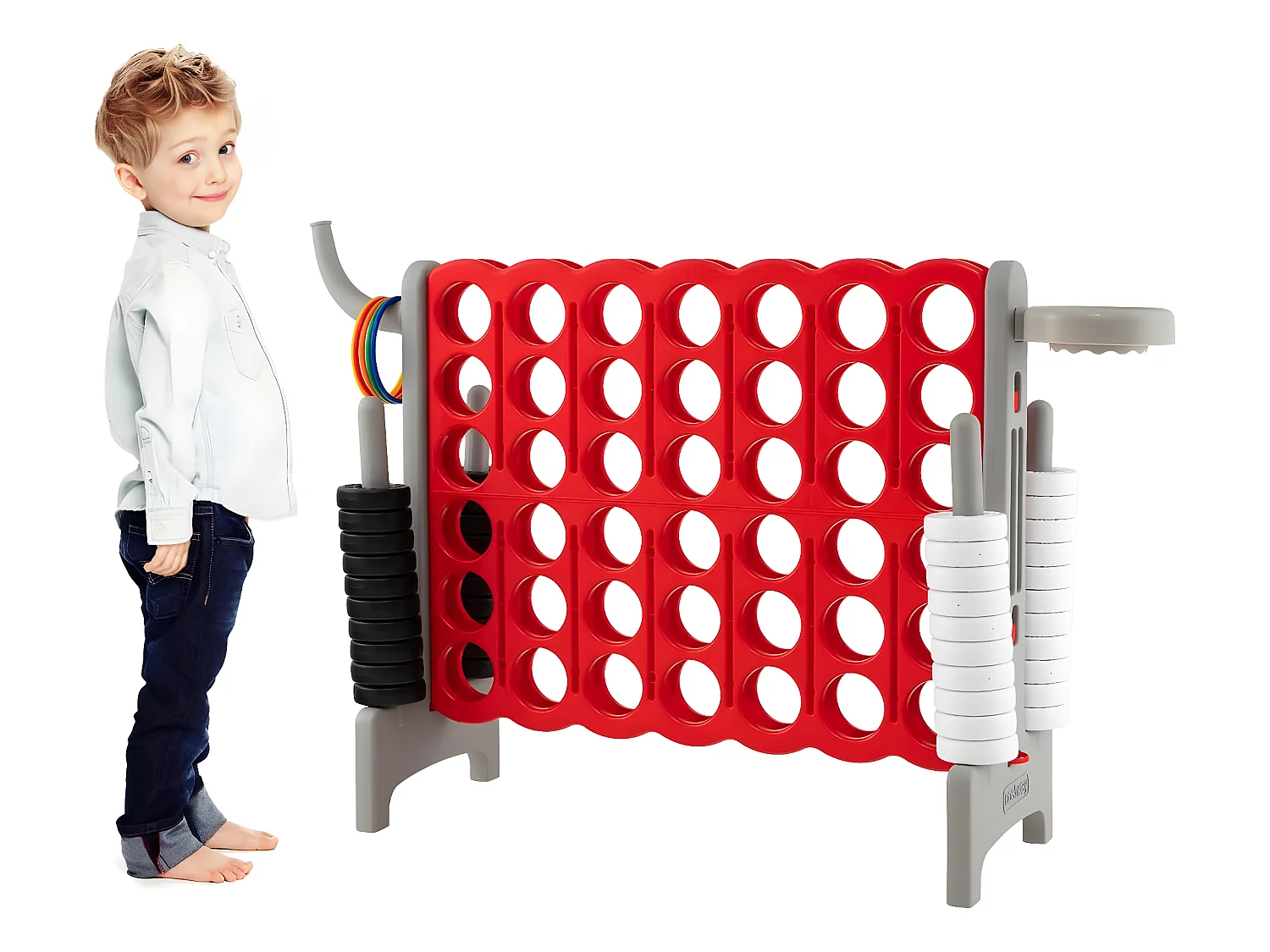 Jeux Puissance 4 Géant pour Enfants Multifonction 3 en 1 avec Cerceau de Basket-ball Jeu d’Anneaux au Côté 42 AnneauxGris
