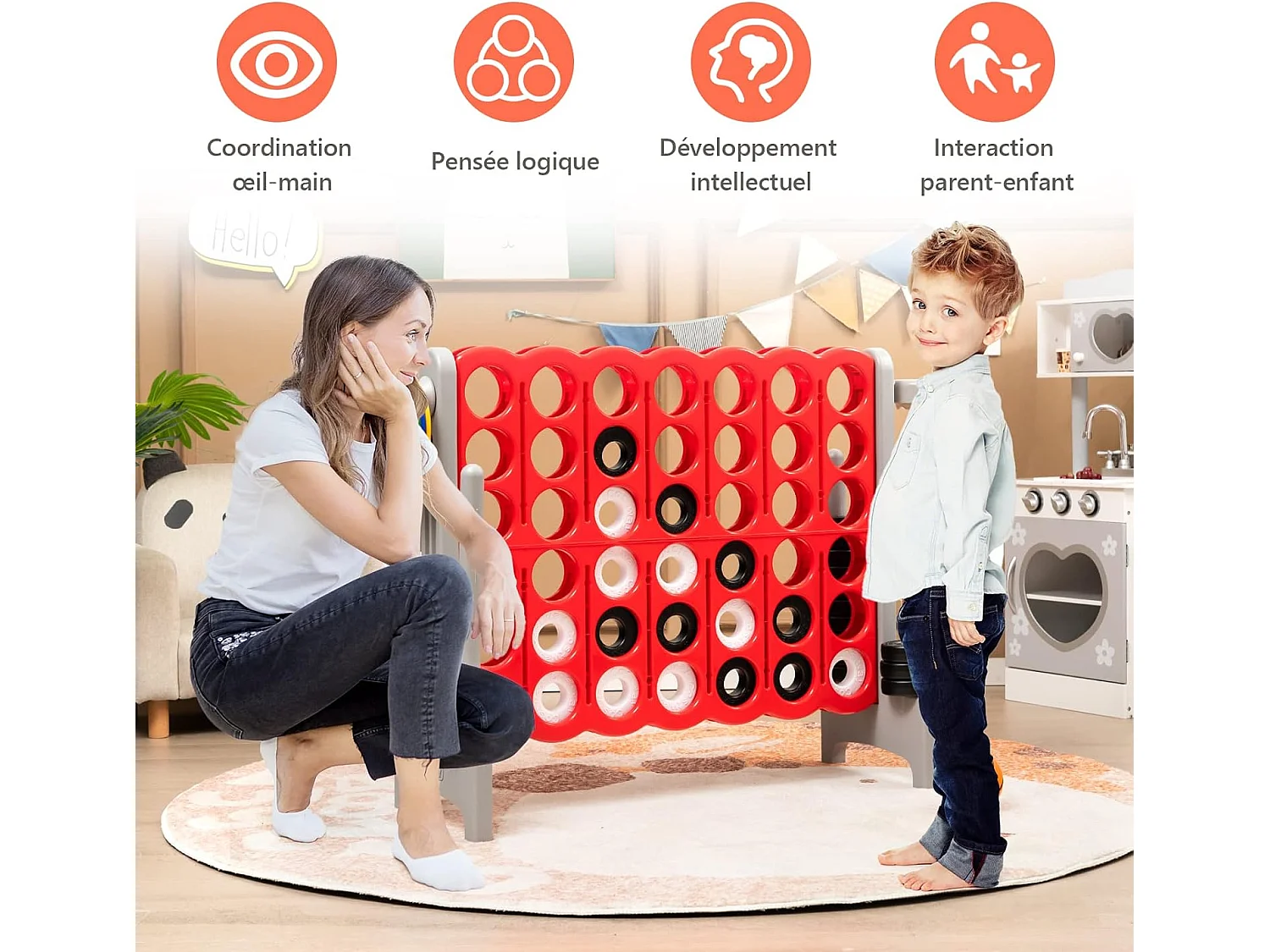 Jeux Puissance 4 Géant pour Enfants Multifonction 3 en 1 avec Cerceau de Basket-ball Jeu d’Anneaux au Côté 42 AnneauxGris