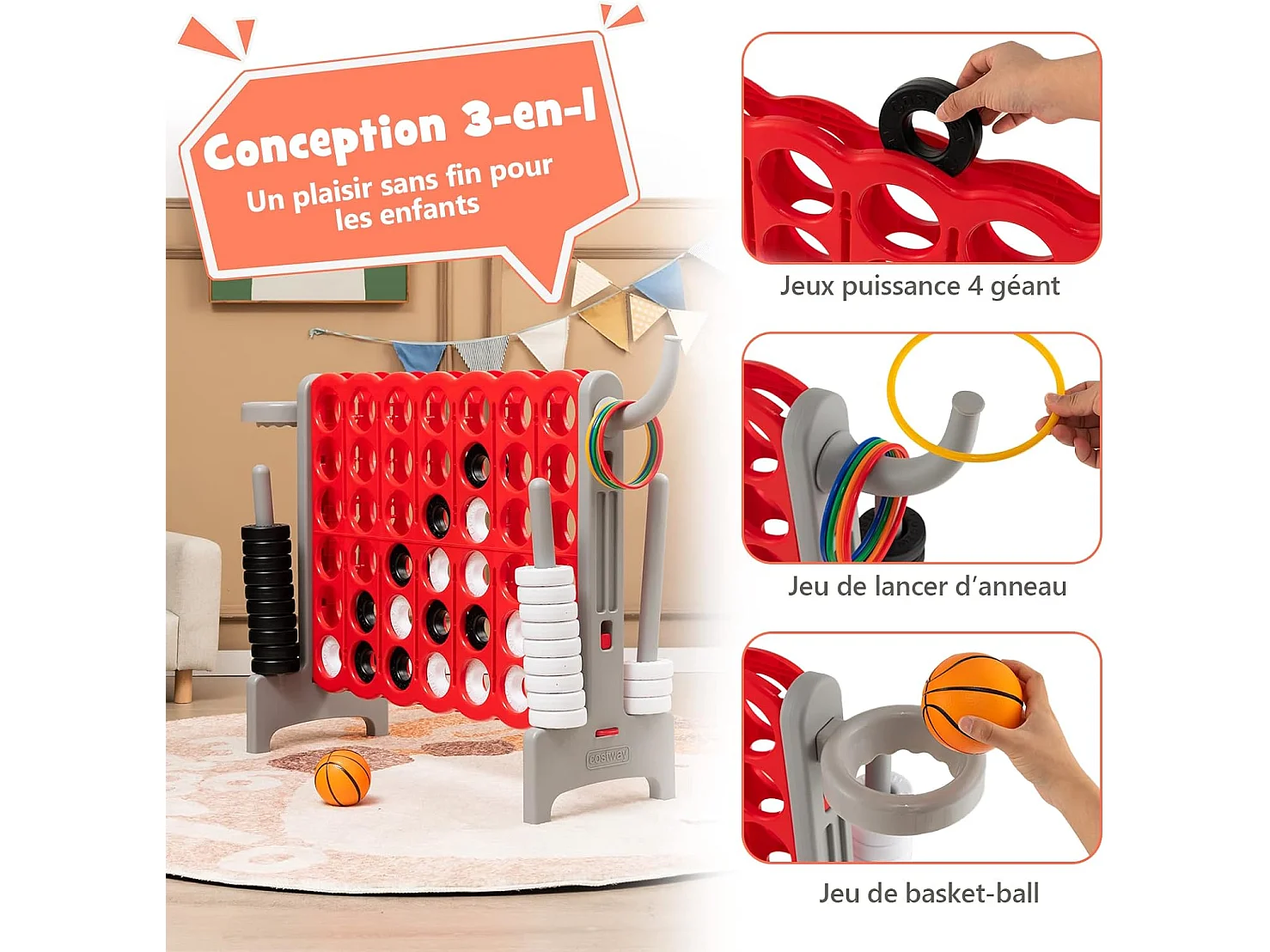 Jeux Puissance 4 Géant pour Enfants Multifonction 3 en 1 avec Cerceau de Basket-ball Jeu d’Anneaux au Côté 42 AnneauxGris