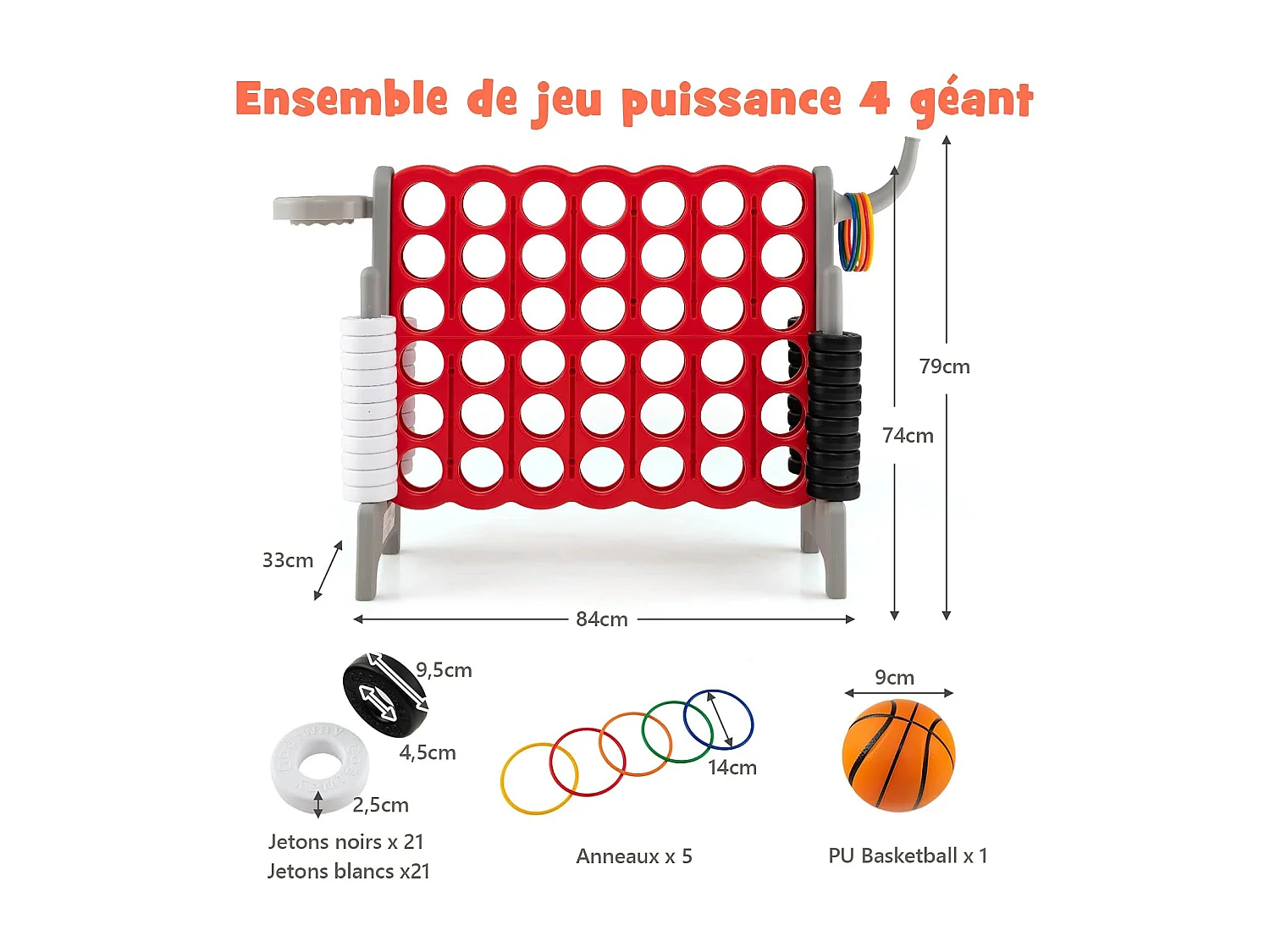 Jeux Puissance 4 Géant pour Enfants Multifonction 3 en 1 avec Cerceau de Basket-ball Jeu d’Anneaux au Côté 42 AnneauxGris