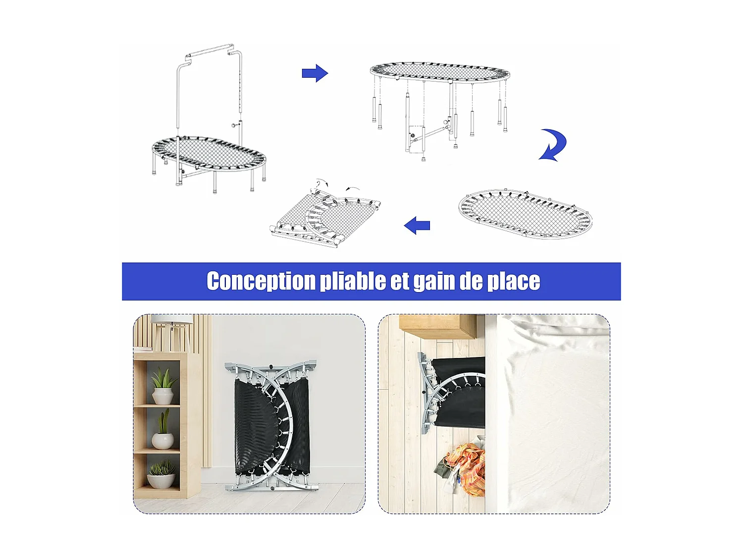 Mini Trampoline Pliable pour 2 Enfants Intérieur/Extérieur avec Coussin de Sécurité Charge 150kg Bleu