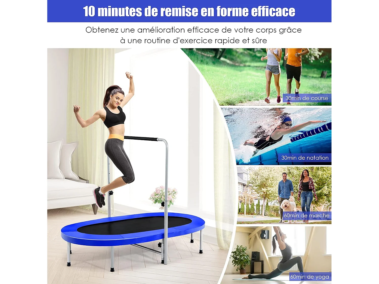 Mini Trampoline Pliable pour 2 Enfants Intérieur/Extérieur avec Coussin de Sécurité Charge 150kg Bleu