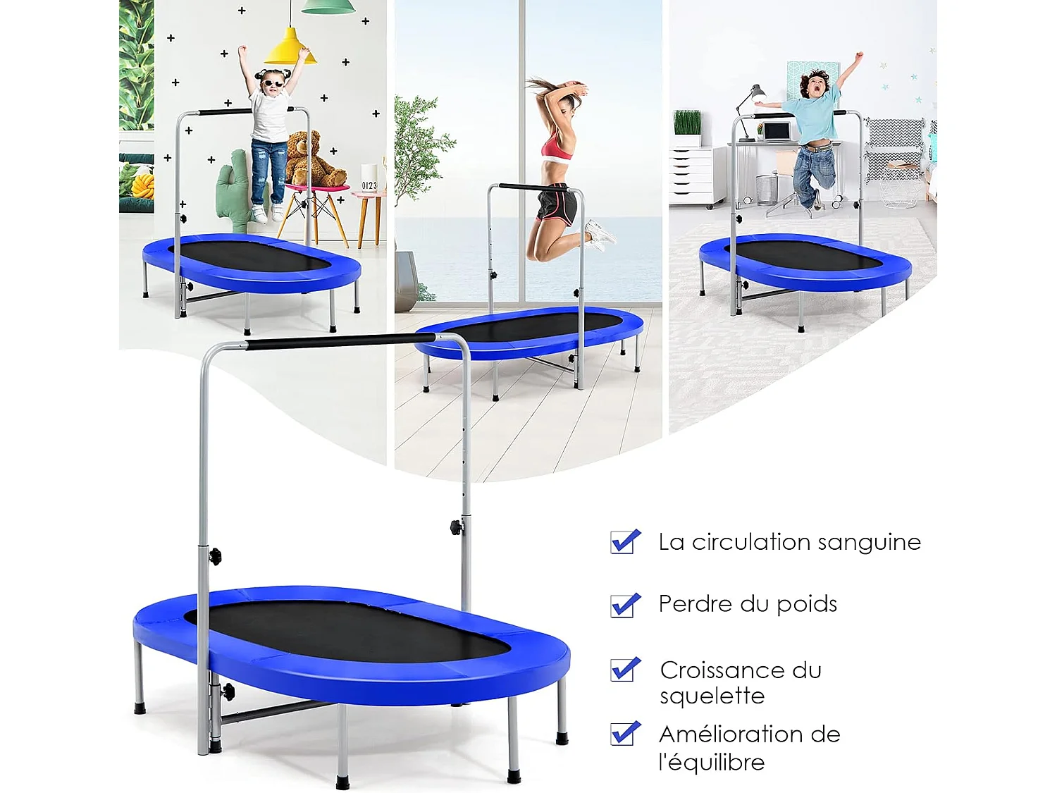 Mini Trampoline Pliable pour 2 Enfants Intérieur/Extérieur avec Coussin de Sécurité Charge 150kg Bleu