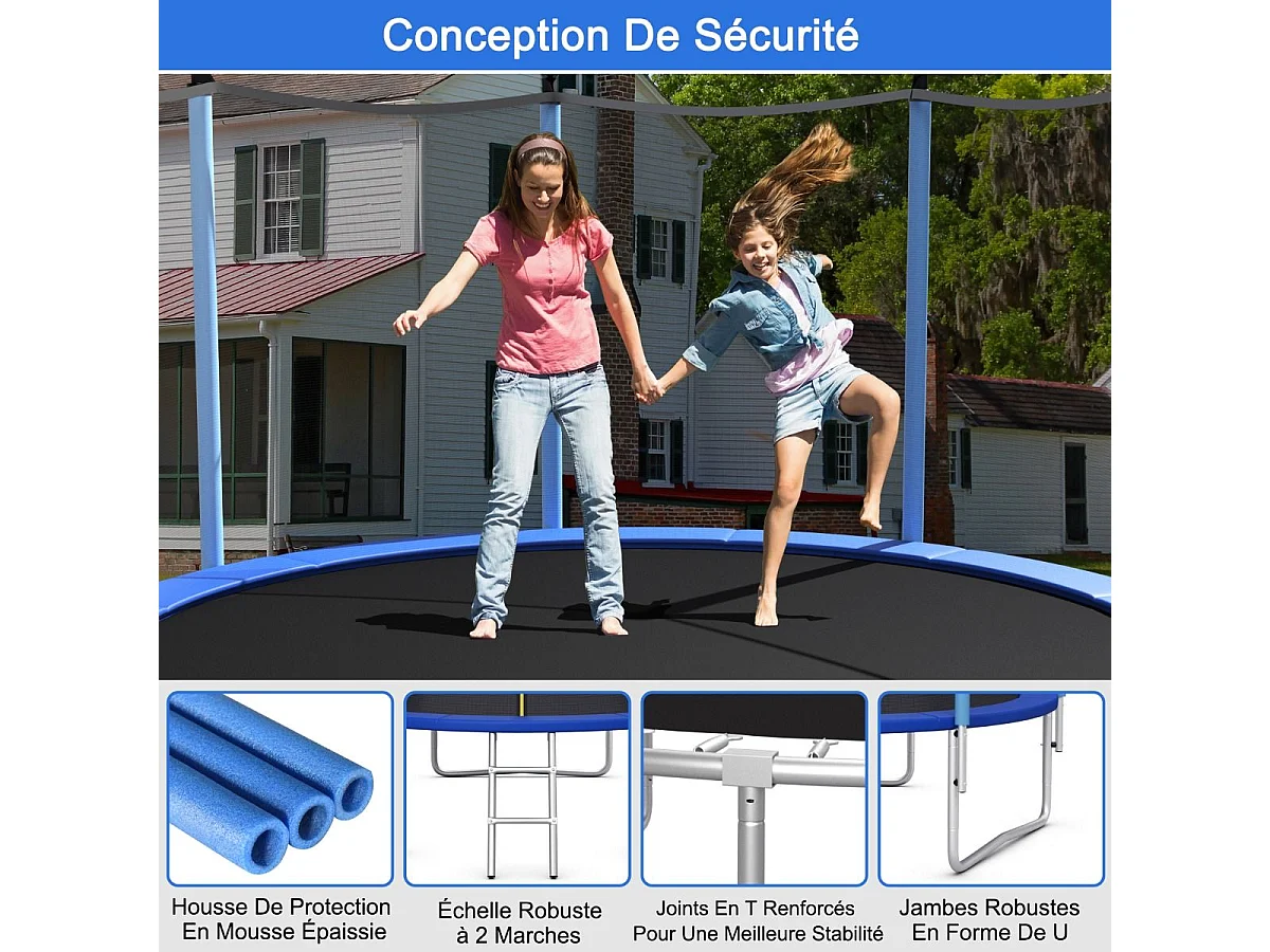 Trampoline Extérieur Ø305CM Enfants avec Filet de Sécurité, Trampoline de Jardin Rond avec Cadre en Acier & 3 Pieds en Forme U, Certification GS, Charge 100kg