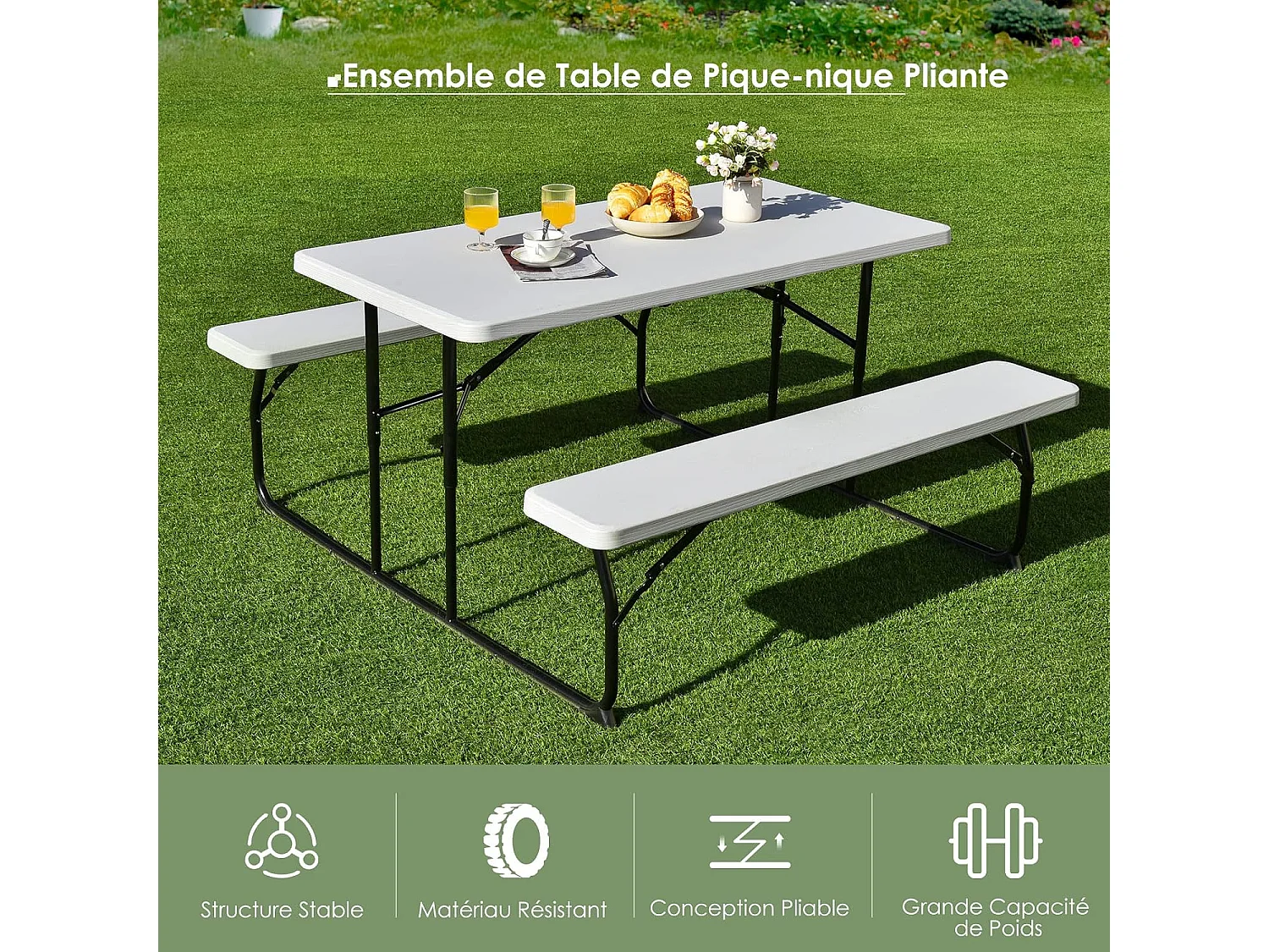 Ensemble Table et Bancs Pliant de Pique-Nique avec Cadre en Métal, Banc Charge 250KG