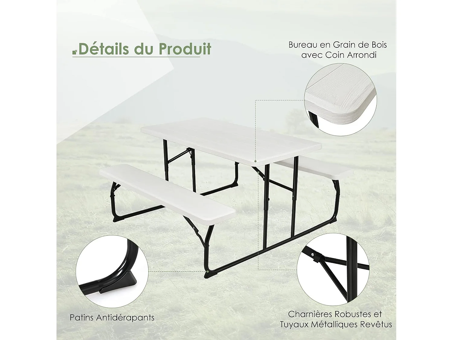 Ensemble Table et Bancs Pliant de Pique-Nique avec Cadre en Métal, Banc Charge 250KG