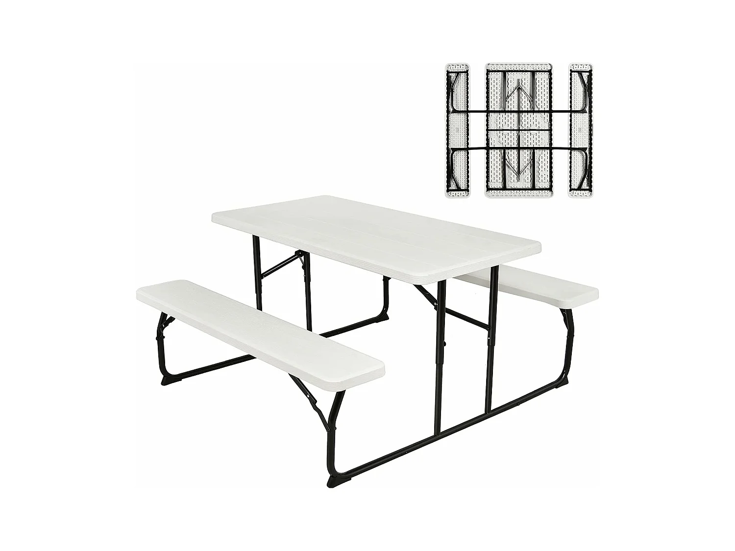 Ensemble Table et Bancs Pliant de Pique-Nique avec Cadre en Métal, Banc Charge 250KG