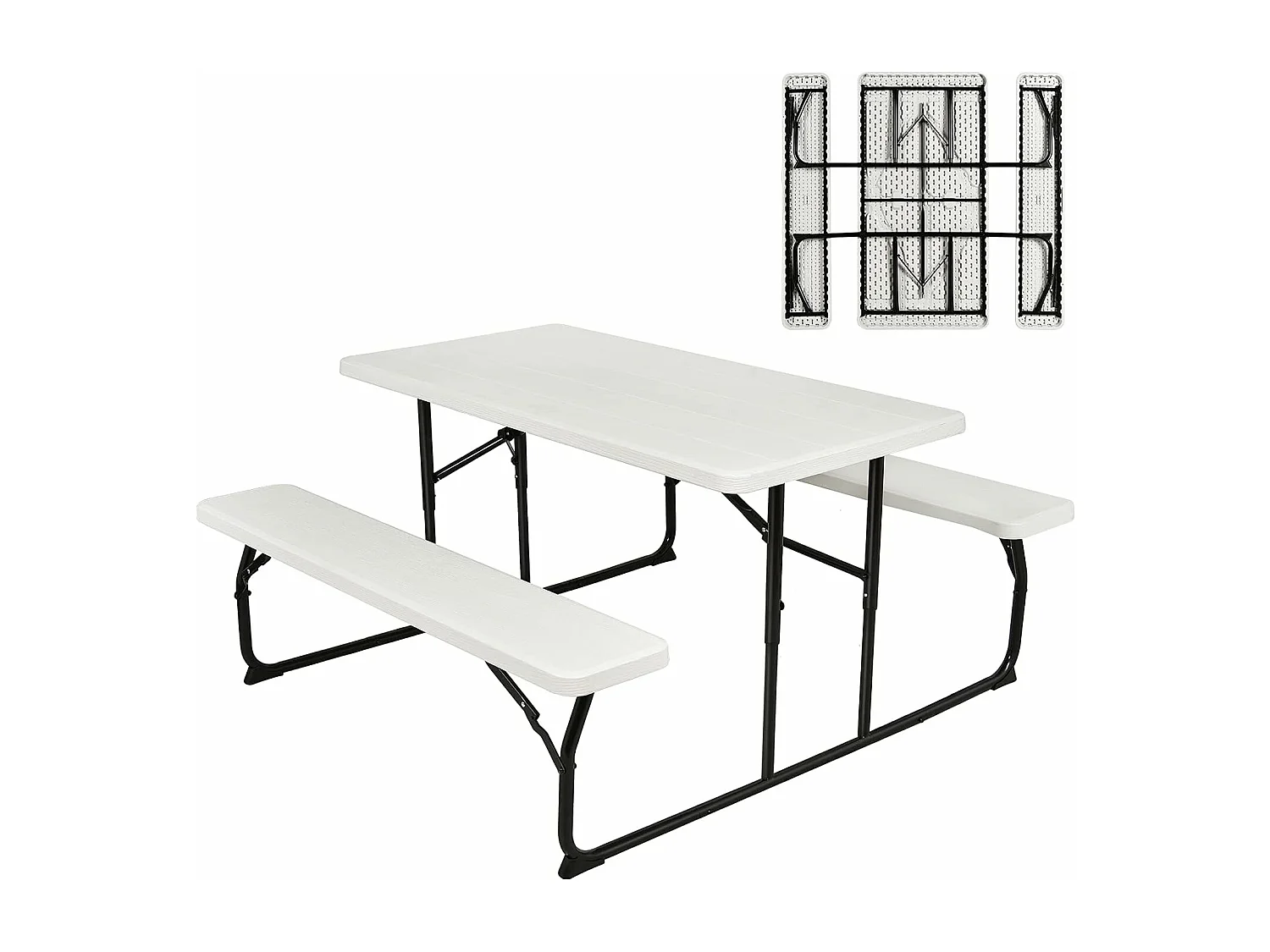 Ensemble Table et Bancs Pliant de Pique-Nique avec Cadre en Métal, Banc Charge 250KG