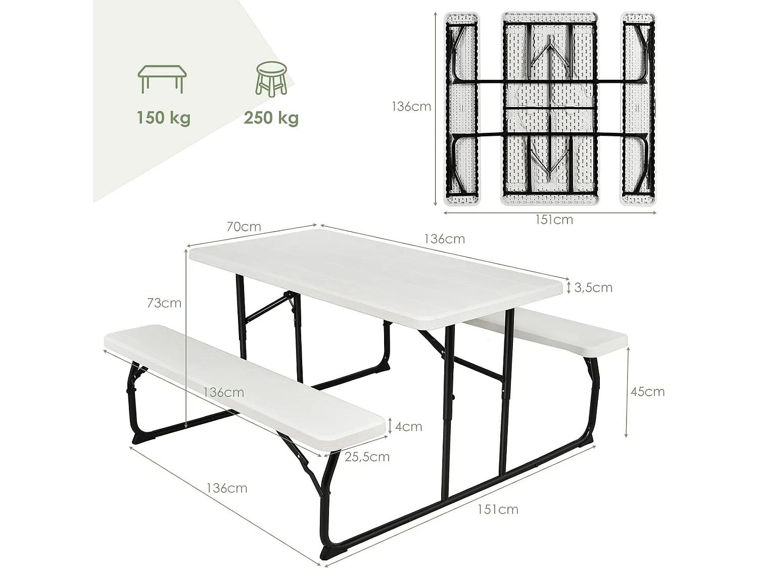 Ensemble Table et Bancs Pliant de Pique-Nique avec Cadre en Métal, Banc Charge 250KG