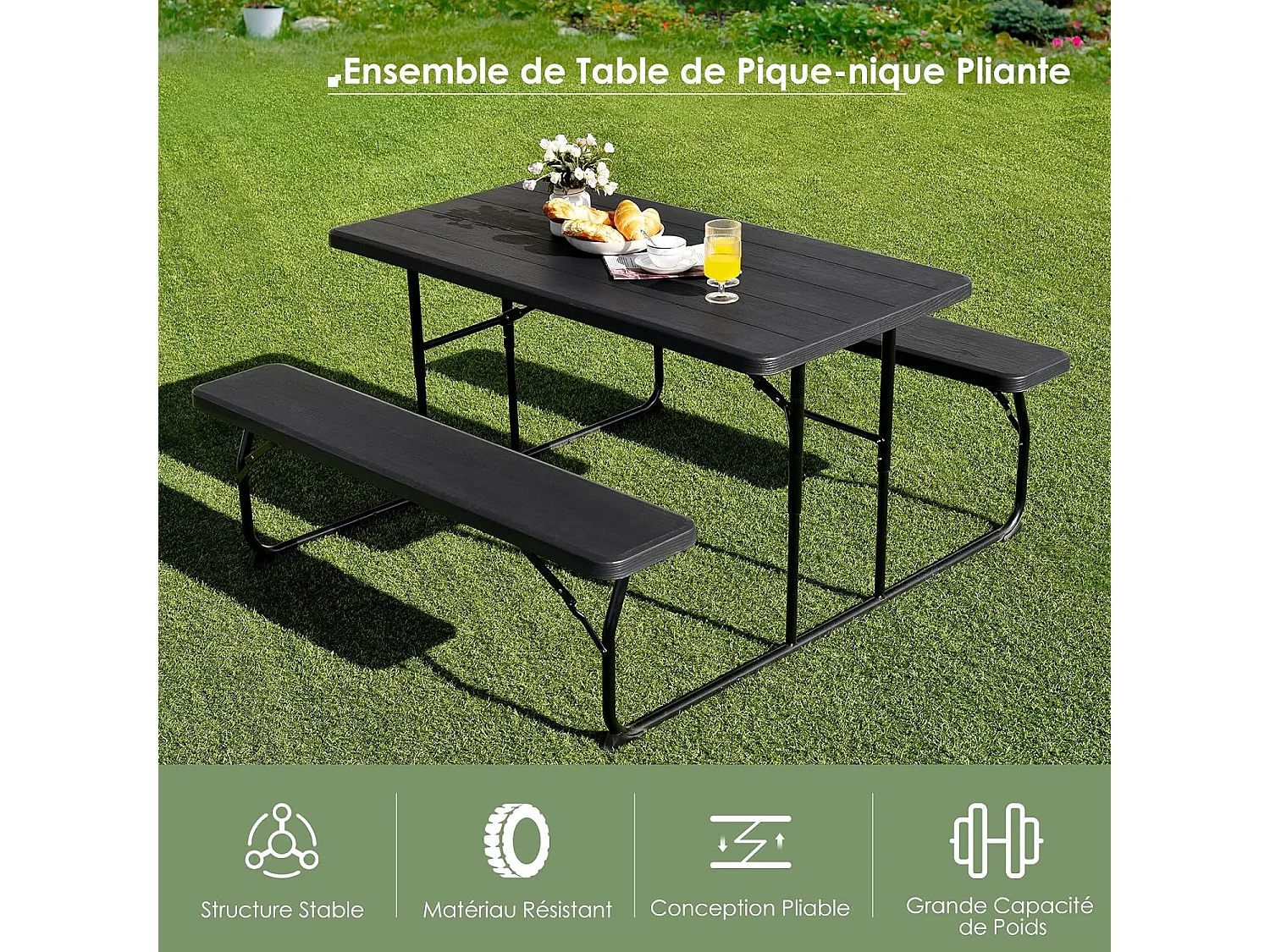Ensemble Table et Bancs Pliant de Pique-Nique avec Cadre en Métal, Banc Charge 250KG