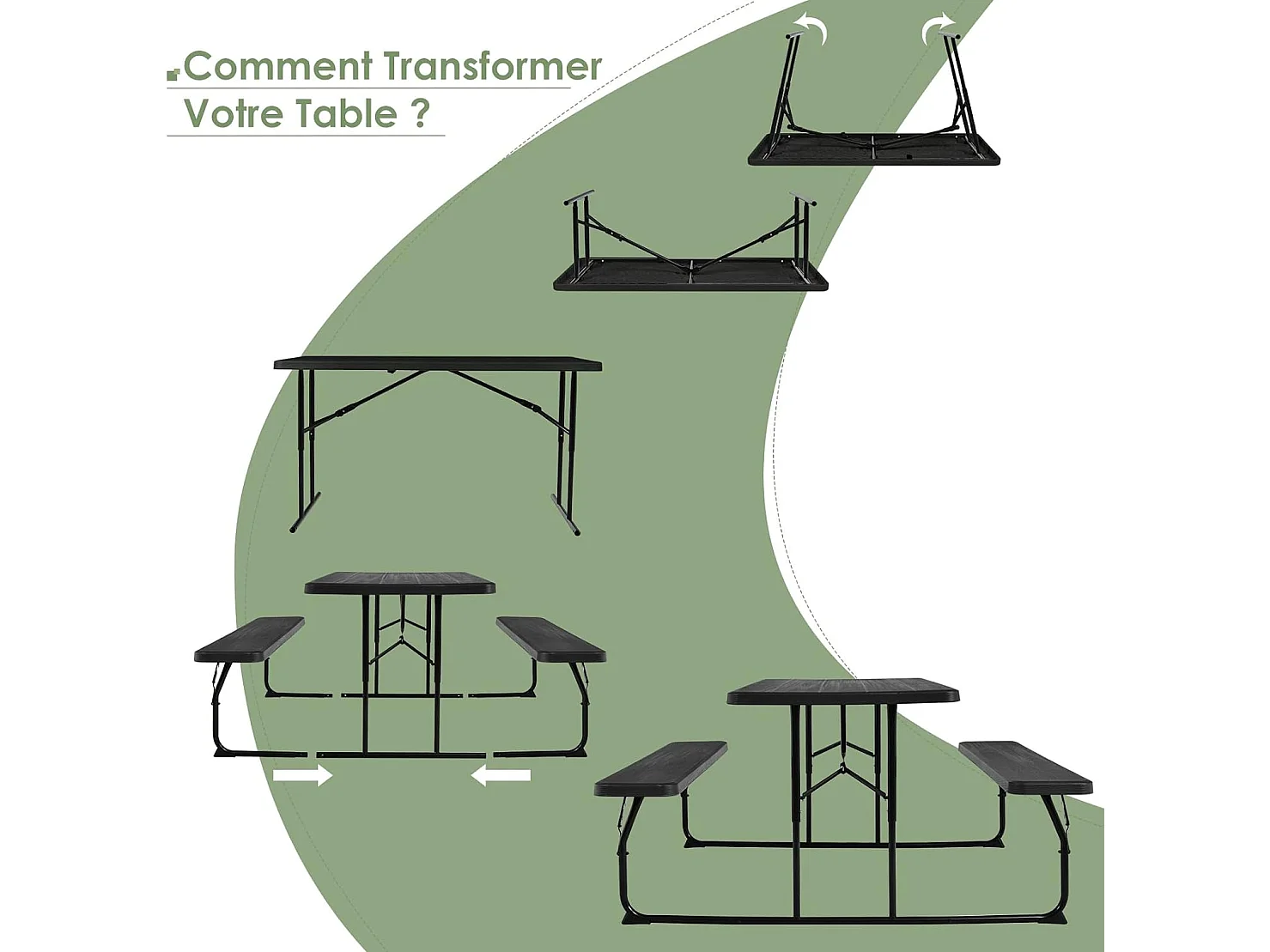Ensemble Table et Bancs Pliant de Pique-Nique avec Cadre en Métal, Banc Charge 250KG