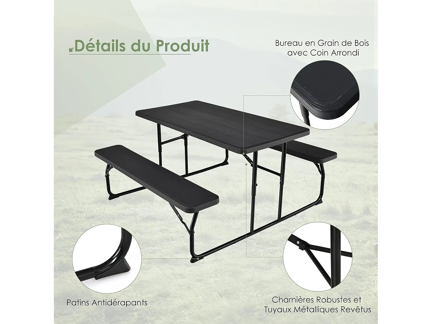 Ensemble Table et Bancs Pliant de Pique-Nique avec Cadre en Métal, Banc Charge 250KG