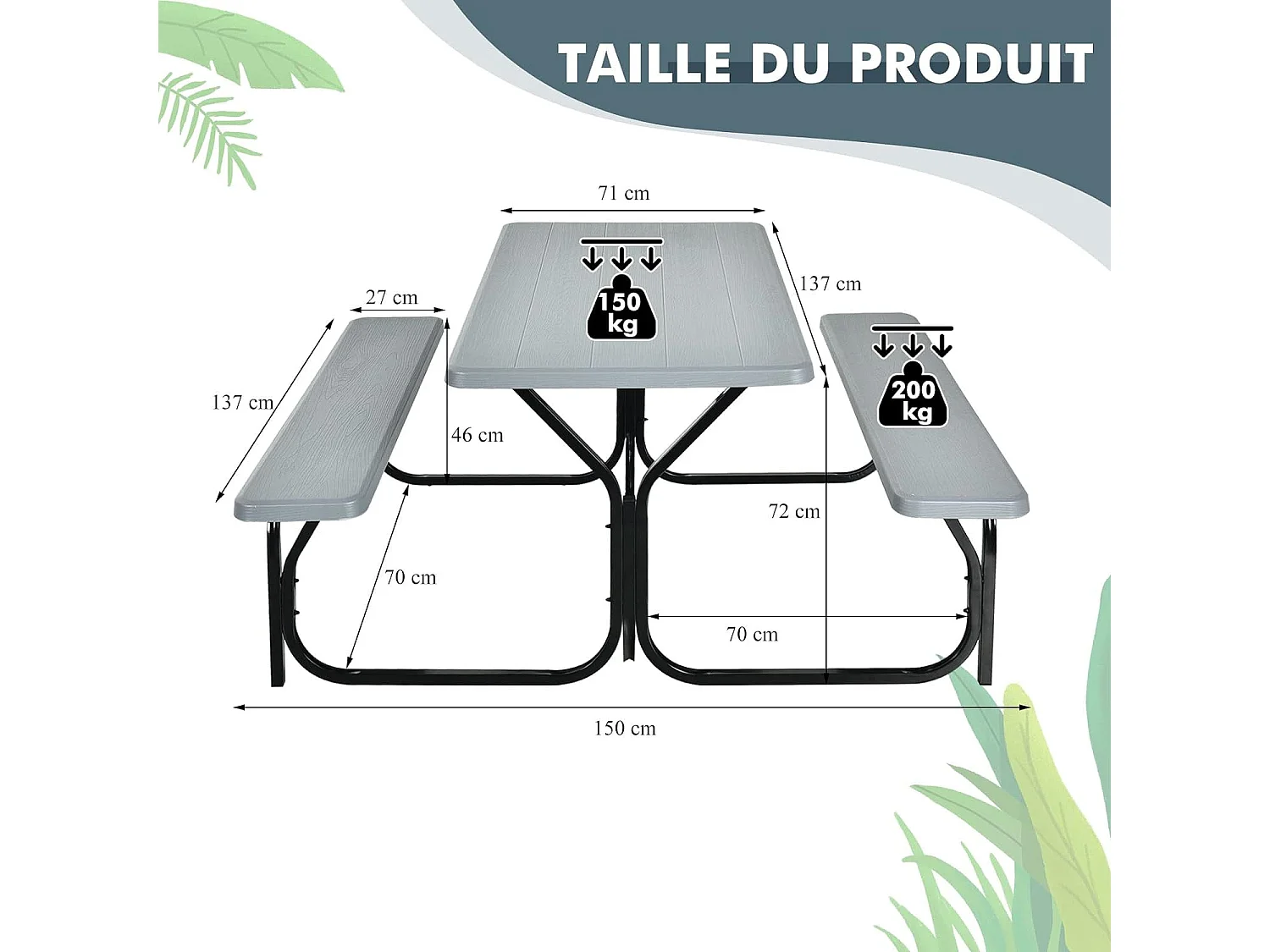 Ensemble Table et Bancs de Pique-Nique ,Ensemble de Jardin Surface Imperméable Banc Charge 200KG Table 150KG