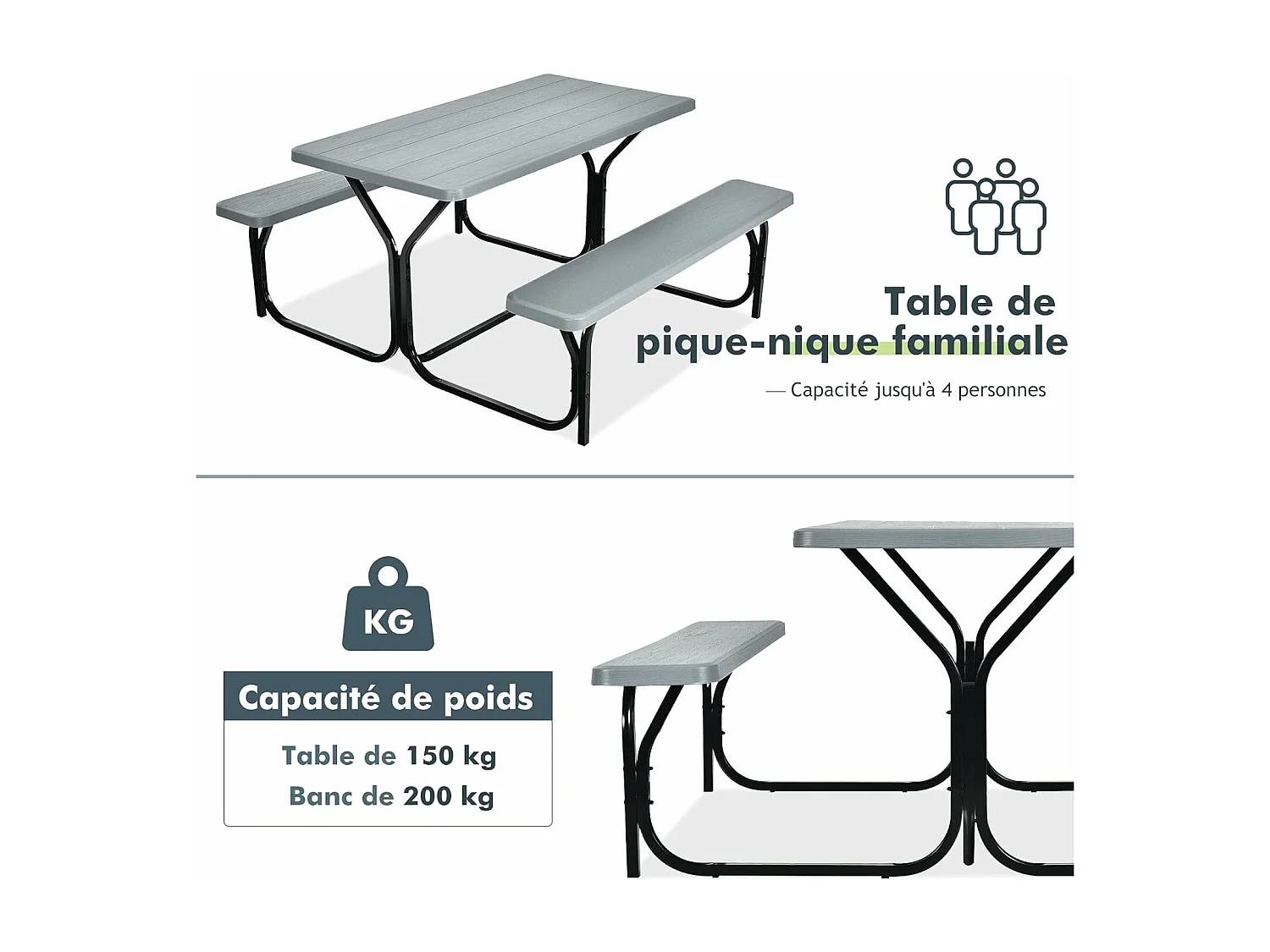 Ensemble Table et Bancs de Pique-Nique ,Ensemble de Jardin Surface Imperméable Banc Charge 200KG Table 150KG