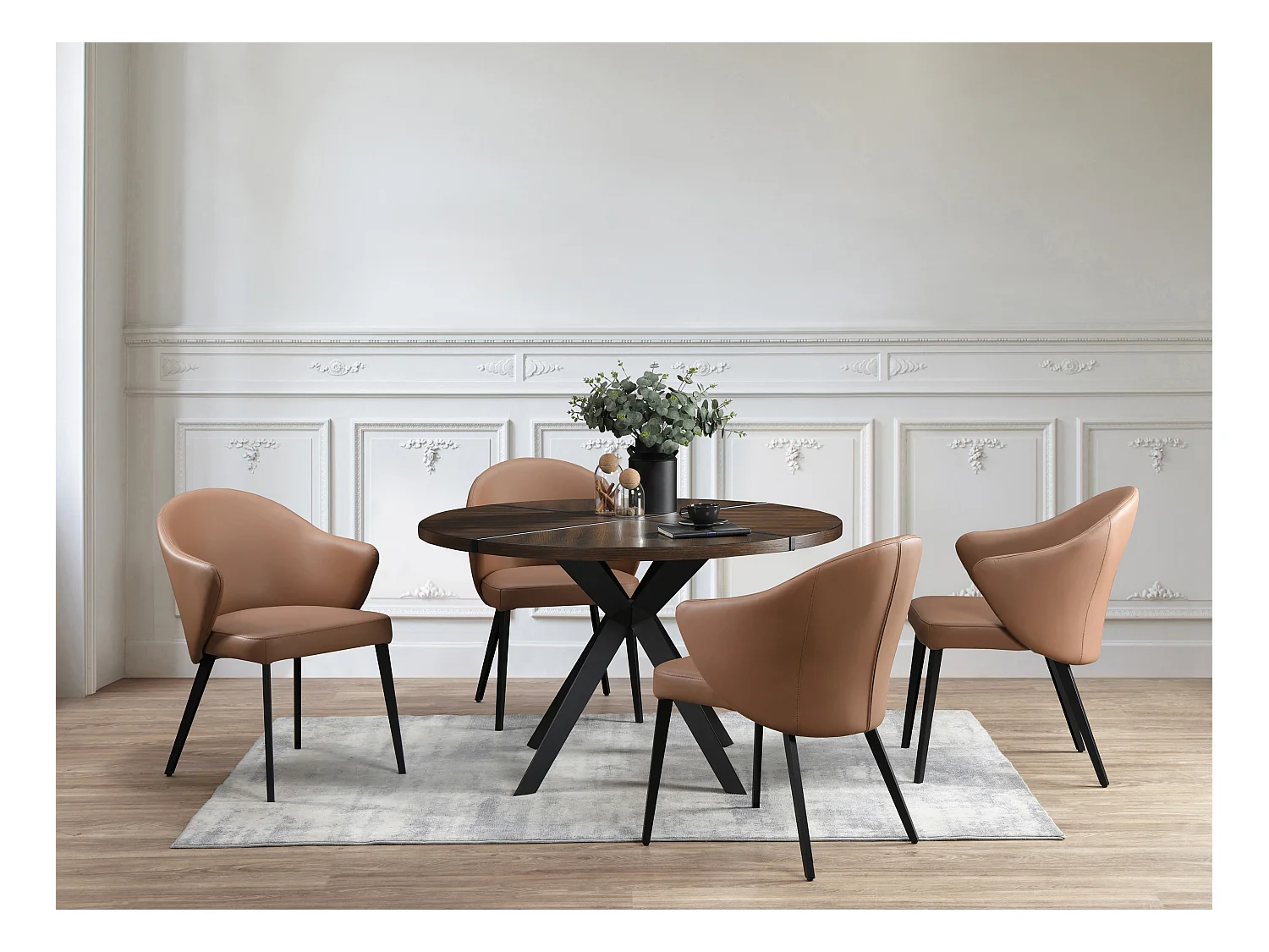Lot de 2 chaises avec accoudoirs en cuir et acier noir - Camel - MIBELLY de Maison Céphy