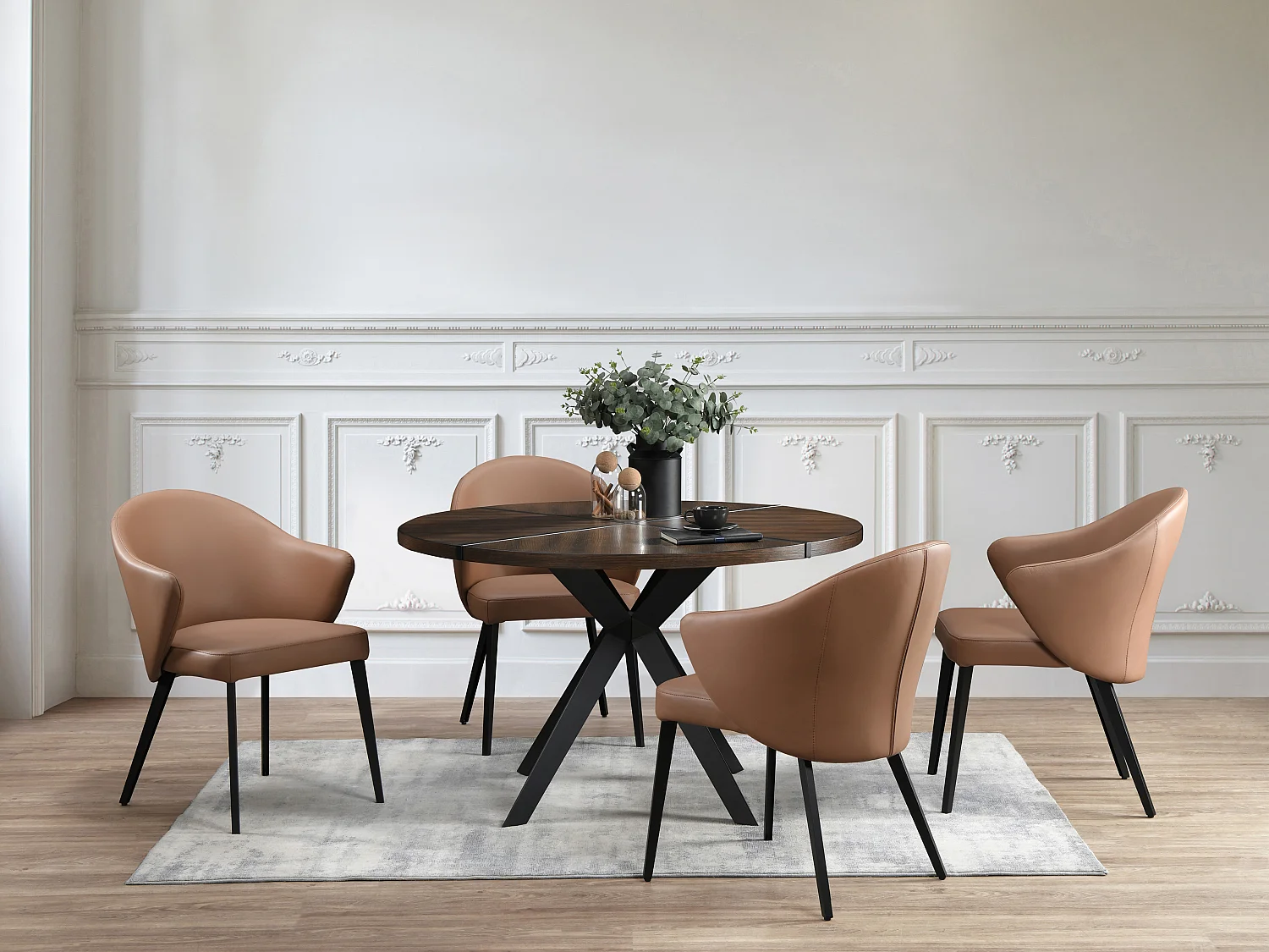 Lot de 6 chaises avec accoudoirs en cuir et acier noir - Camel - MIBELLY de Maison Céphy