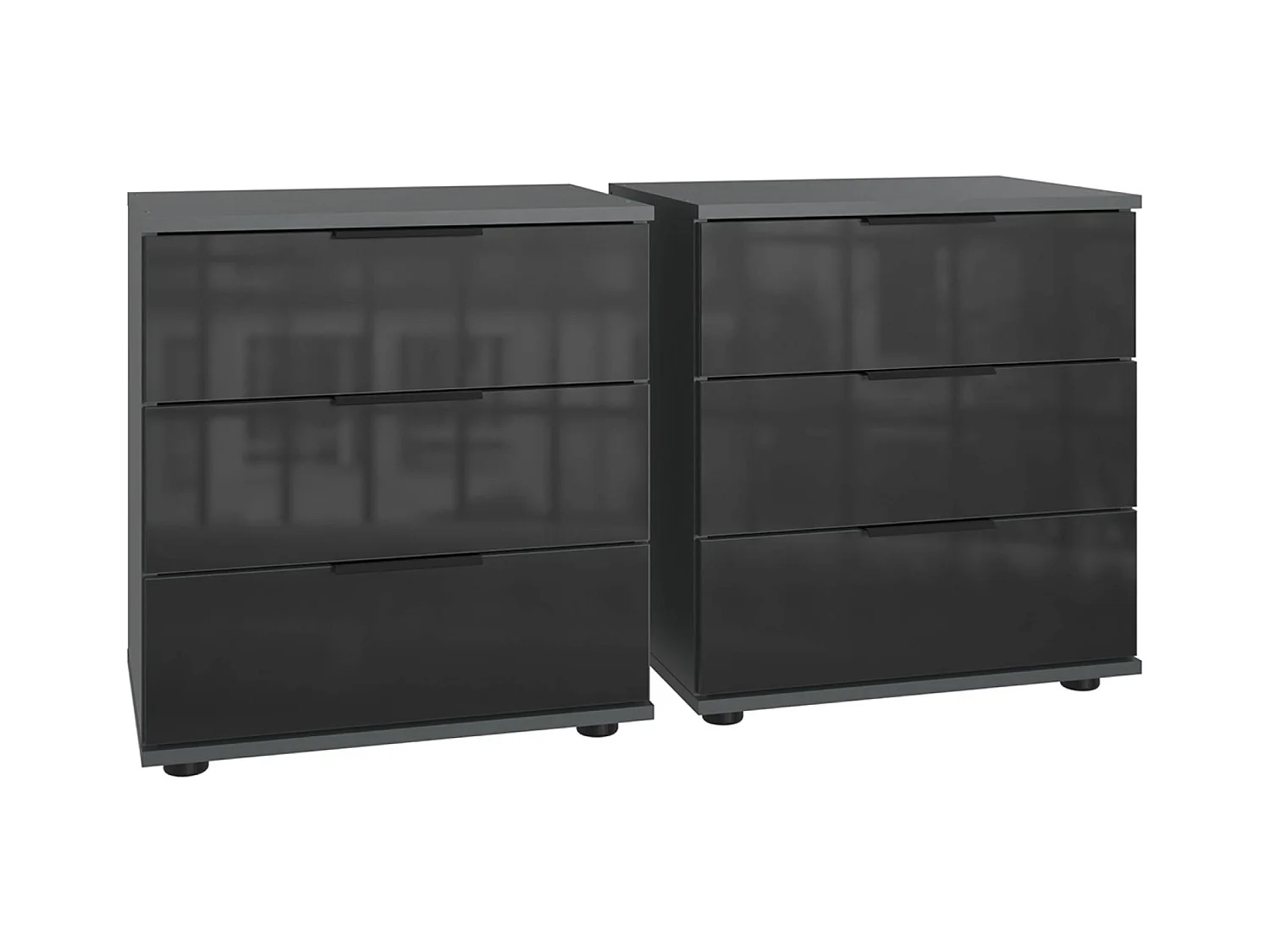 Lot de 2 tables de chevet, table de nuit avec 3 tiroirs coloris Graphite et verre noir