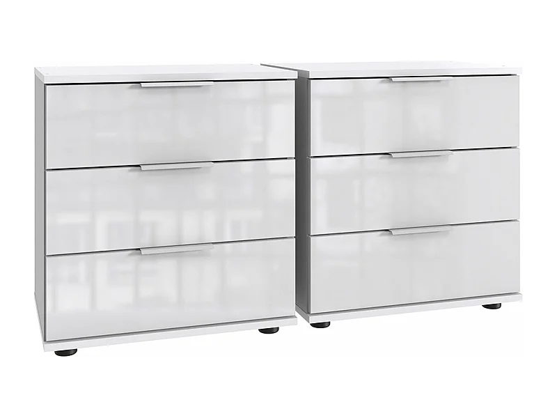 Lot de 2 tables de chevet, table de nuit avec 3 tiroirs coloris blanc, verre blanc