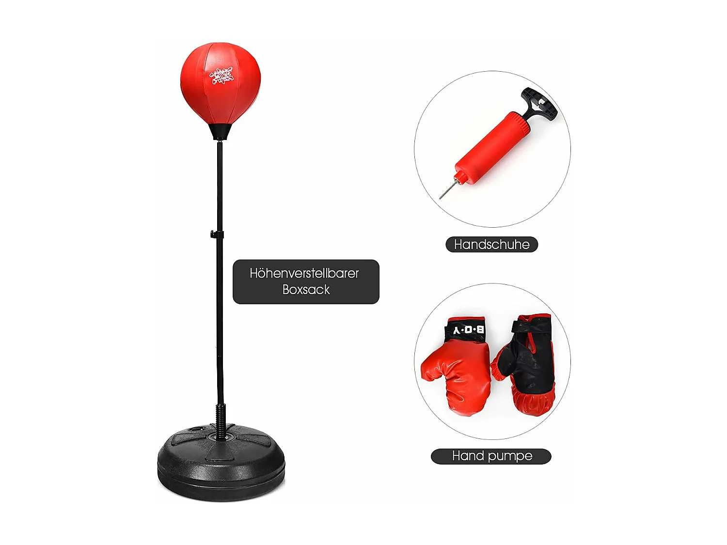 Punchingball sur pied avec hauteur adjustable 120-154cm, pompe de gonflage, pour enfants 8 ans+ et adultes