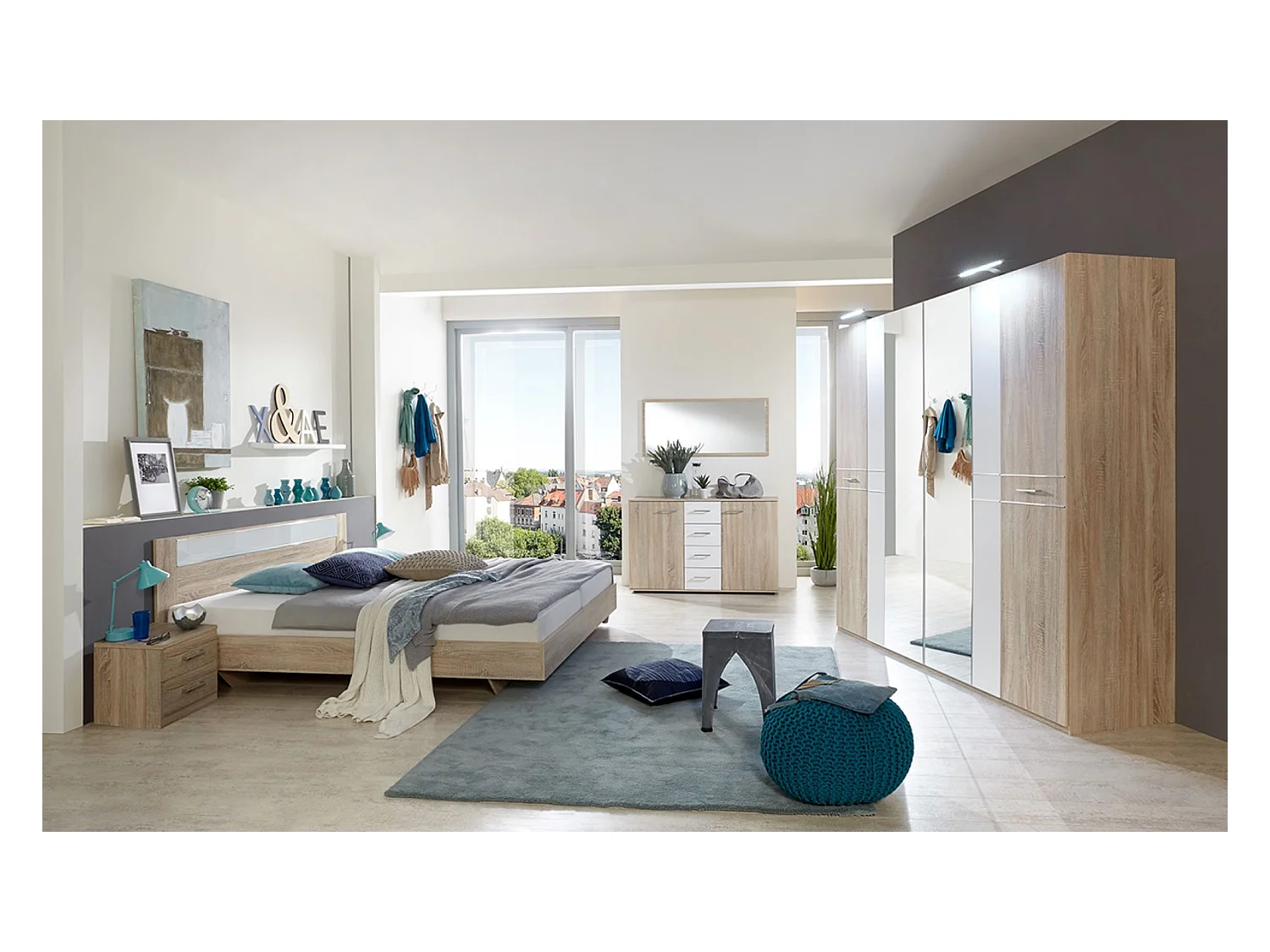 Chambre à coucher complète adulte ( lit adulte 180 x 200 cm + armoire + 2 tables de chevet )