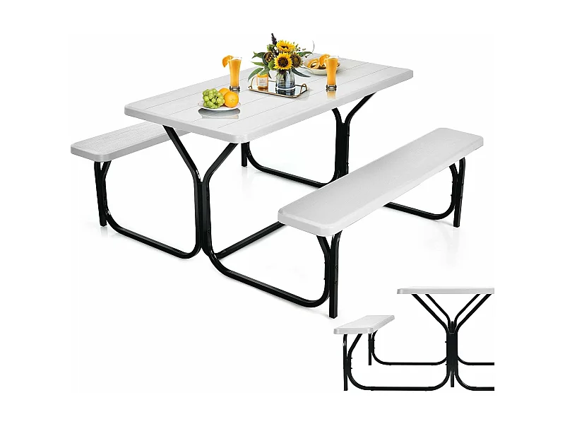 Ensemble Table et Bancs de Pique-Nique avec Cadre en Métal, Banc Charge 200KG Table 150KG
