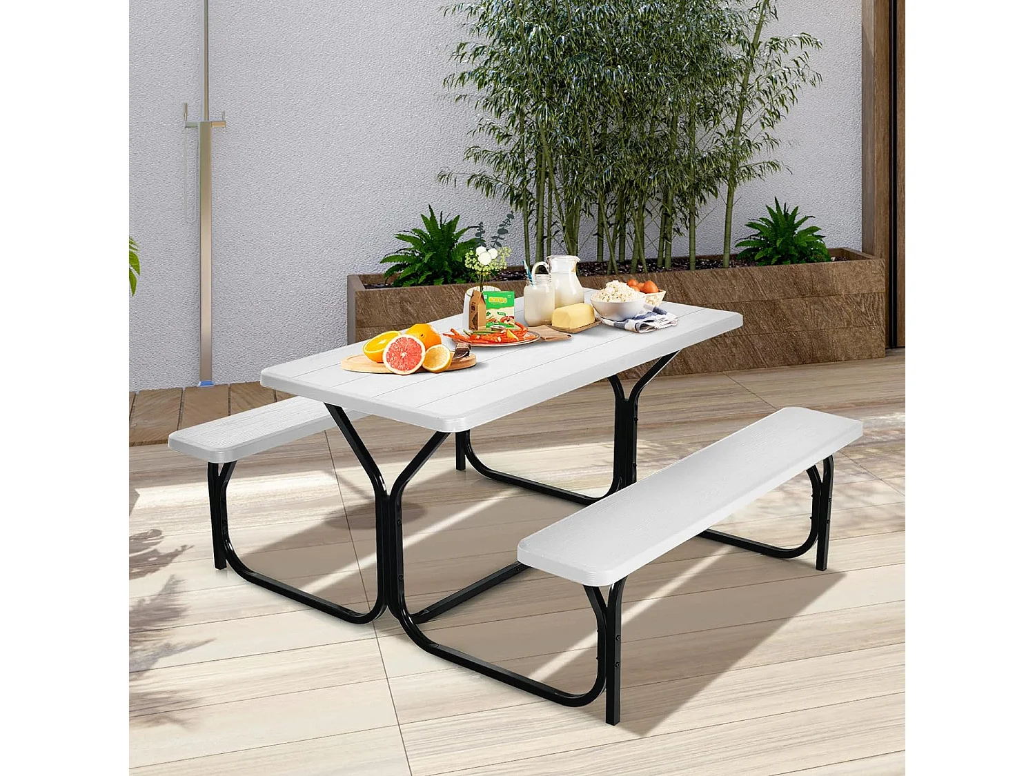 Ensemble Table et Bancs de Pique-Nique avec Cadre en Métal, Banc Charge 200KG Table 150KG