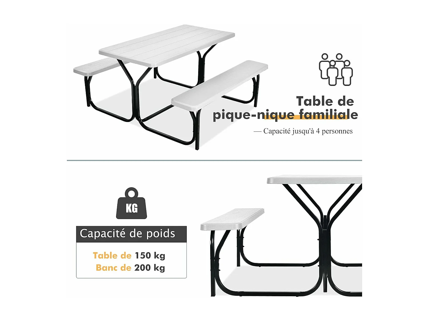 Ensemble Table et Bancs de Pique-Nique avec Cadre en Métal, Banc Charge 200KG Table 150KG