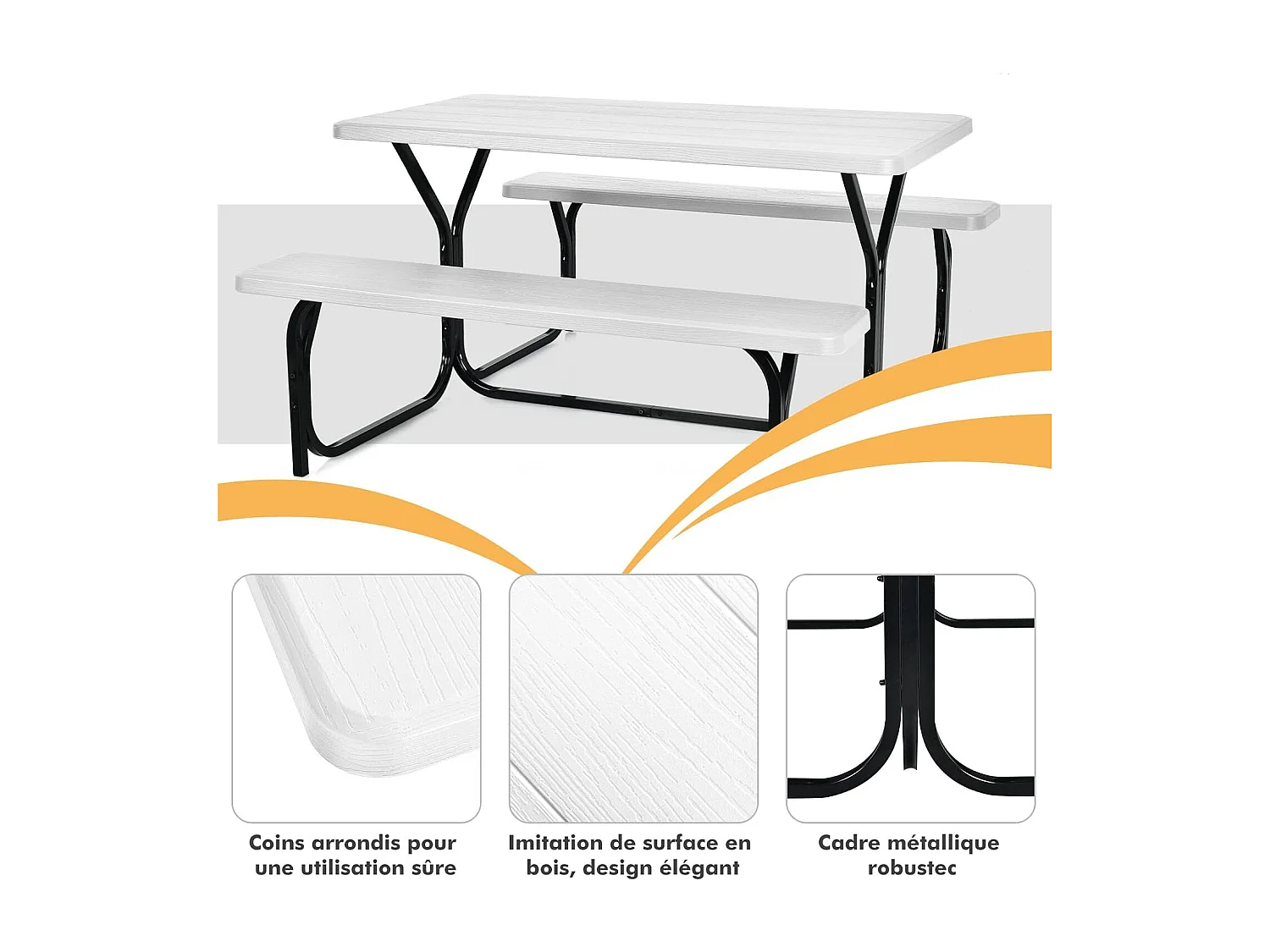 Ensemble Table et Bancs de Pique-Nique avec Cadre en Métal, Banc Charge 200KG Table 150KG
