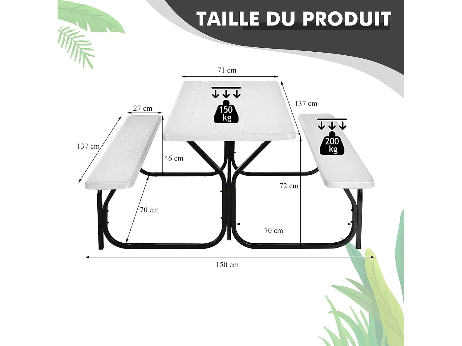 Ensemble Table et Bancs de Pique-Nique avec Cadre en Métal, Banc Charge 200KG Table 150KG