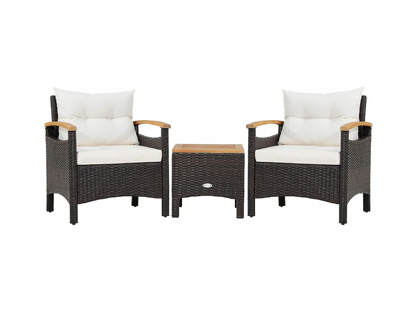 Salon de Jardin en Rotin et fibre naturelle - 3 Pièces - Table Basse et 2 Fauteuils avec Coussin Amovible - Accoudoirs en Bois d’Acacia