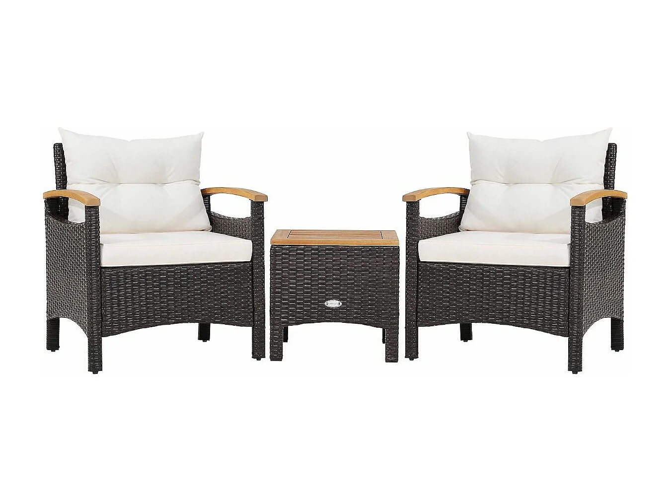 Salon de Jardin en Rotin et fibre naturelle - 3 Pièces - Table Basse et 2 Fauteuils avec Coussin Amovible - Accoudoirs en Bois d’Acacia