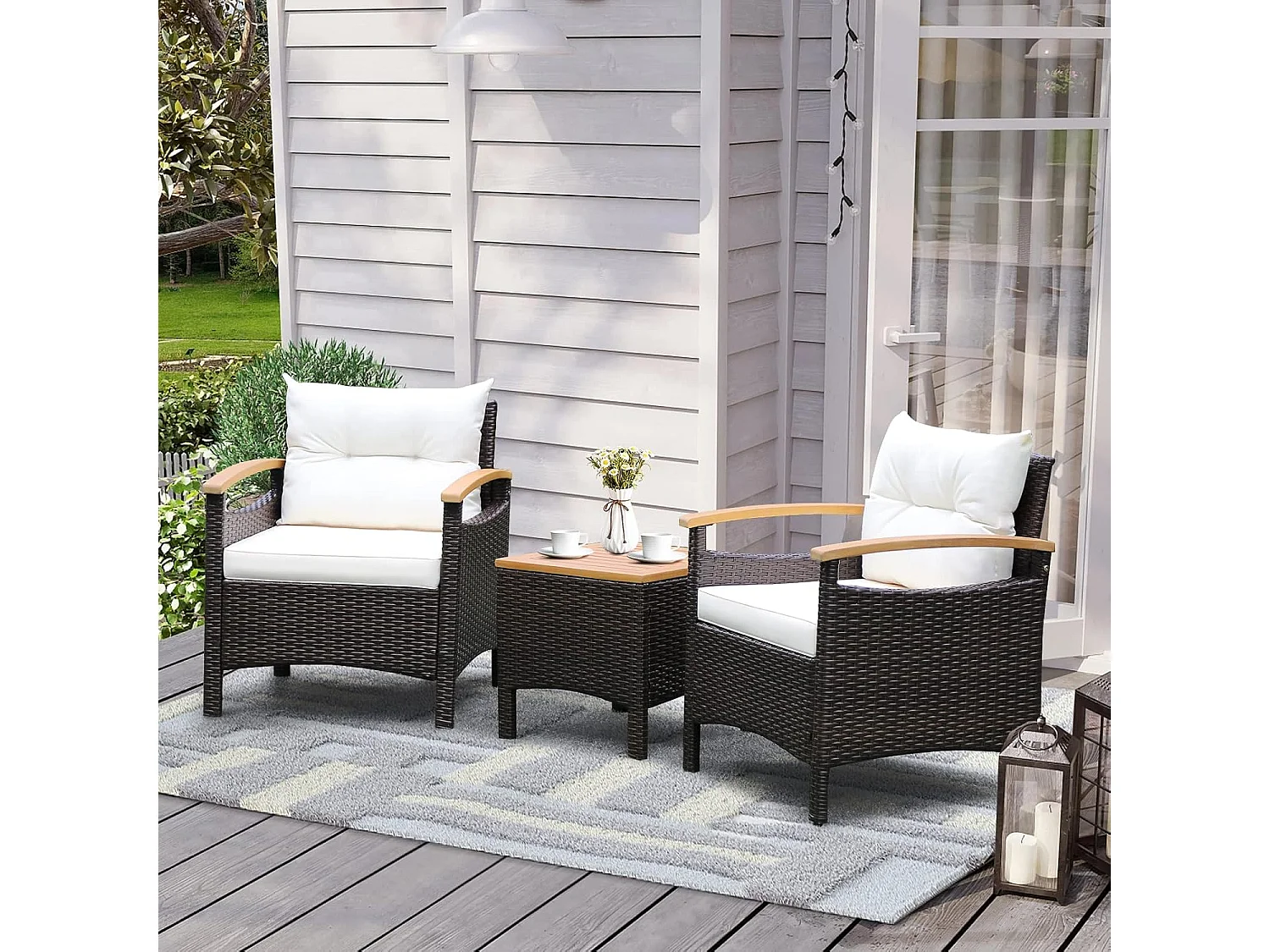 Salon de Jardin en Rotin et fibre naturelle - 3 Pièces - Table Basse et 2 Fauteuils avec Coussin Amovible - Accoudoirs en Bois d’Acacia