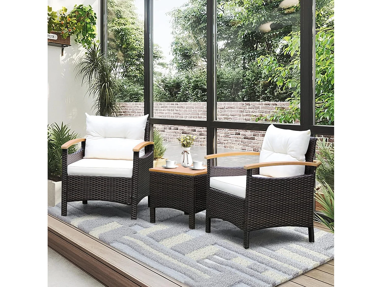 Salon de Jardin en Rotin et fibre naturelle - 3 Pièces - Table Basse et 2 Fauteuils avec Coussin Amovible - Accoudoirs en Bois d’Acacia