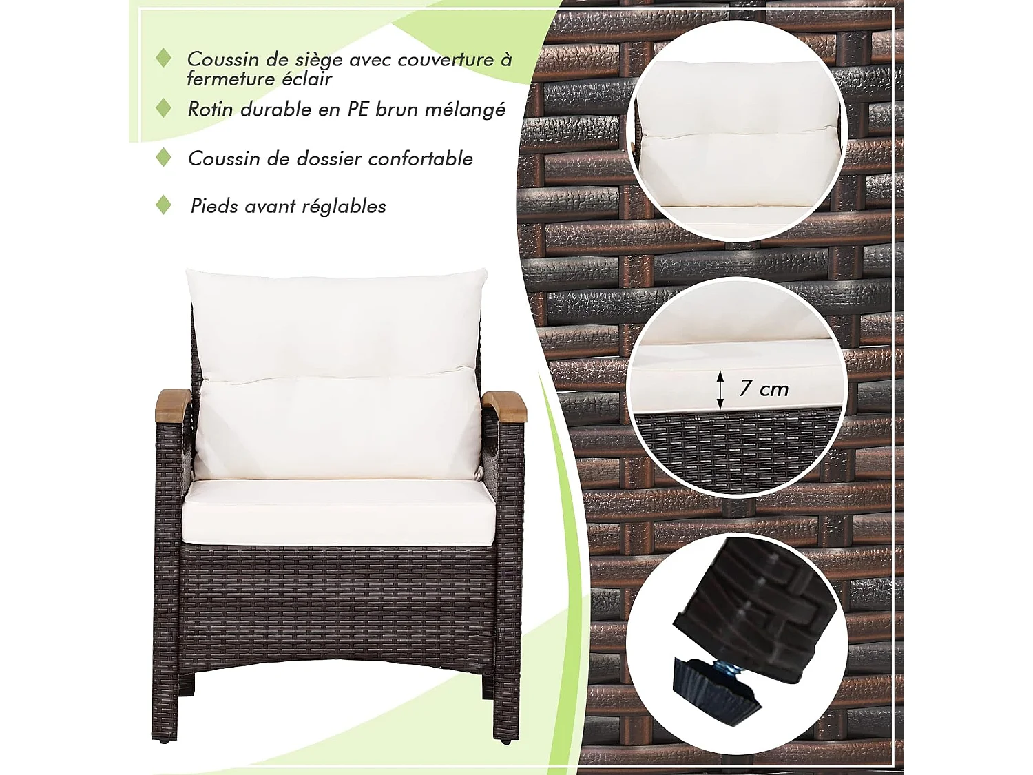 Salon de Jardin en Rotin et fibre naturelle - 3 Pièces - Table Basse et 2 Fauteuils avec Coussin Amovible - Accoudoirs en Bois d’Acacia