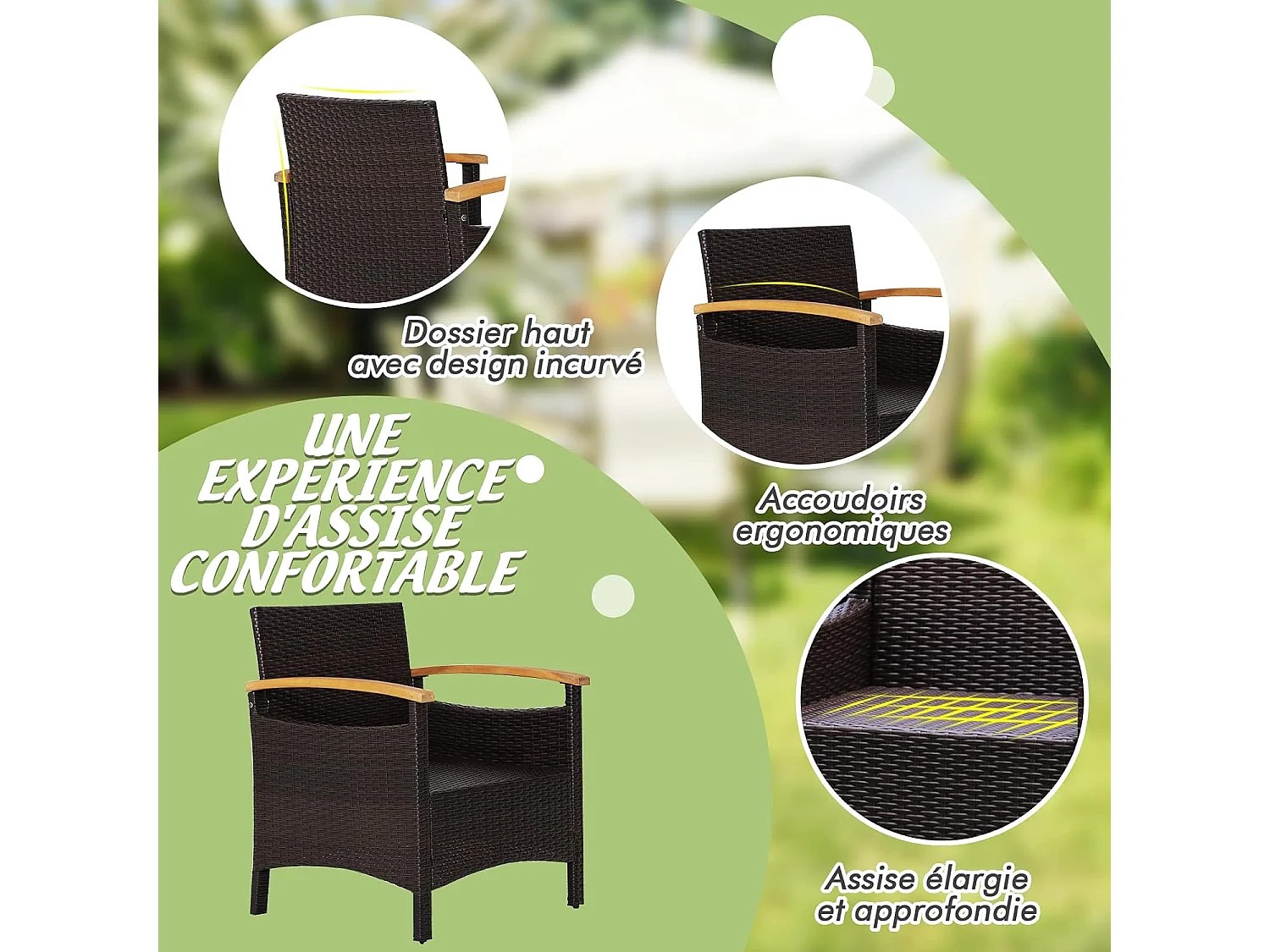 Salon de Jardin en Rotin et fibre naturelle - 3 Pièces - Table Basse et 2 Fauteuils avec Coussin Amovible - Accoudoirs en Bois d’Acacia