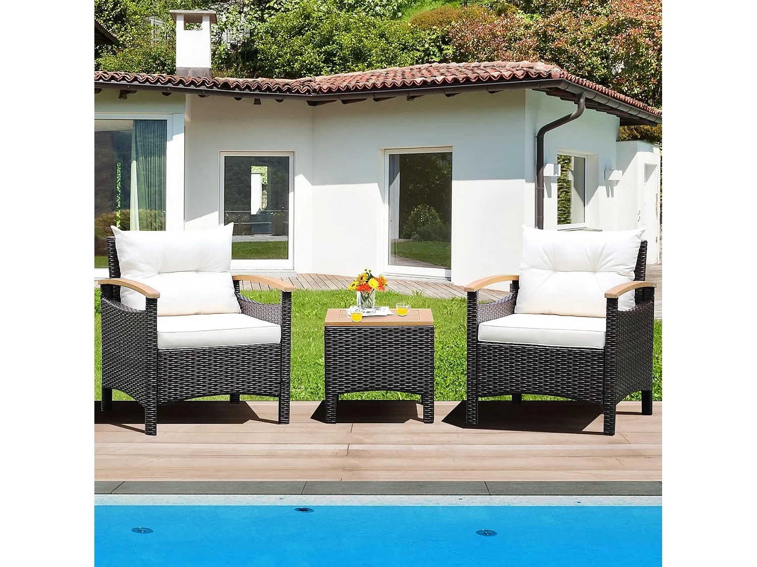 Salon de Jardin en Rotin et fibre naturelle - 3 Pièces - Table Basse et 2 Fauteuils avec Coussin Amovible - Accoudoirs en Bois d’Acacia