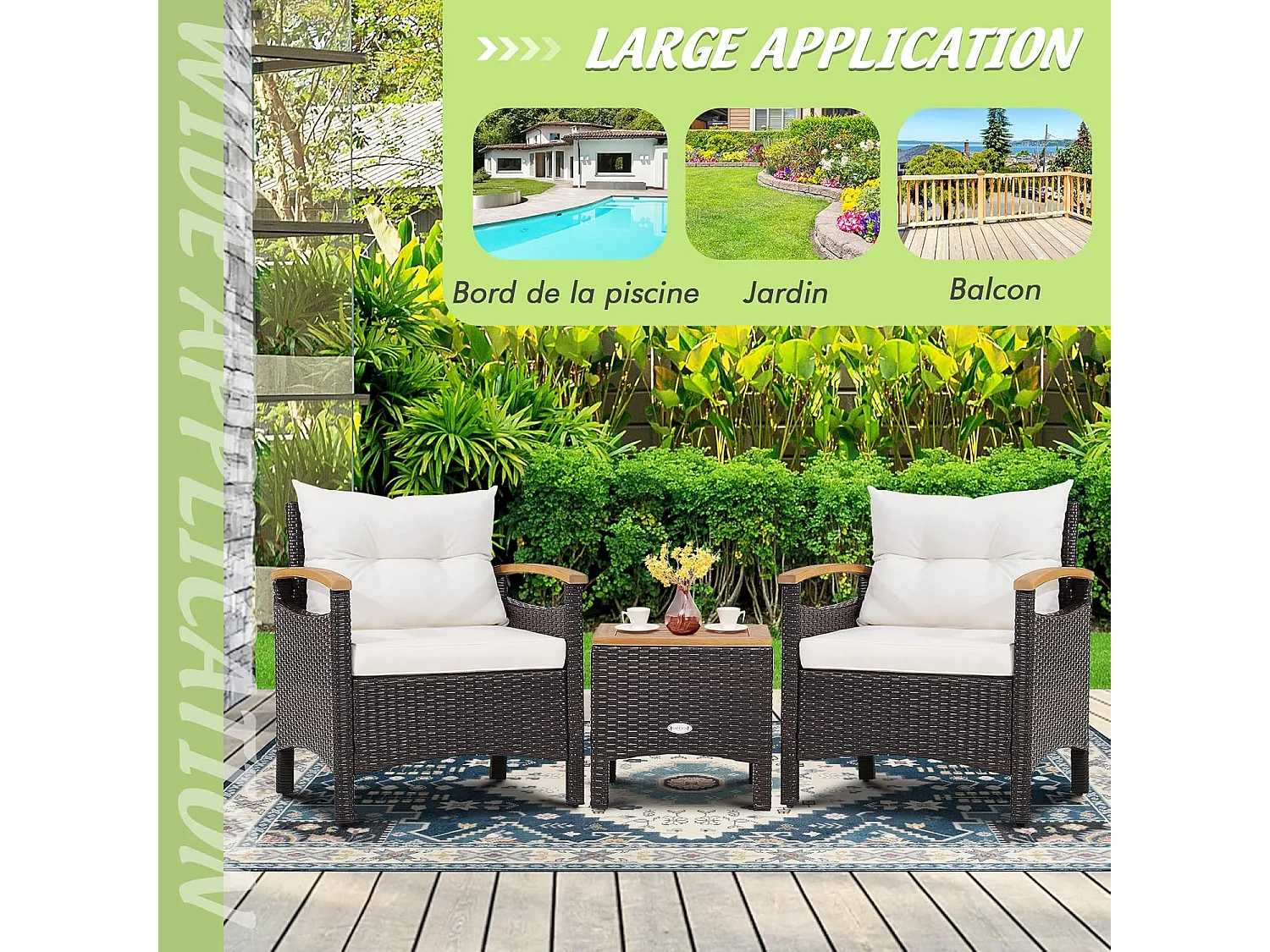 Salon de Jardin en Rotin et fibre naturelle - 3 Pièces - Table Basse et 2 Fauteuils avec Coussin Amovible - Accoudoirs en Bois d’Acacia