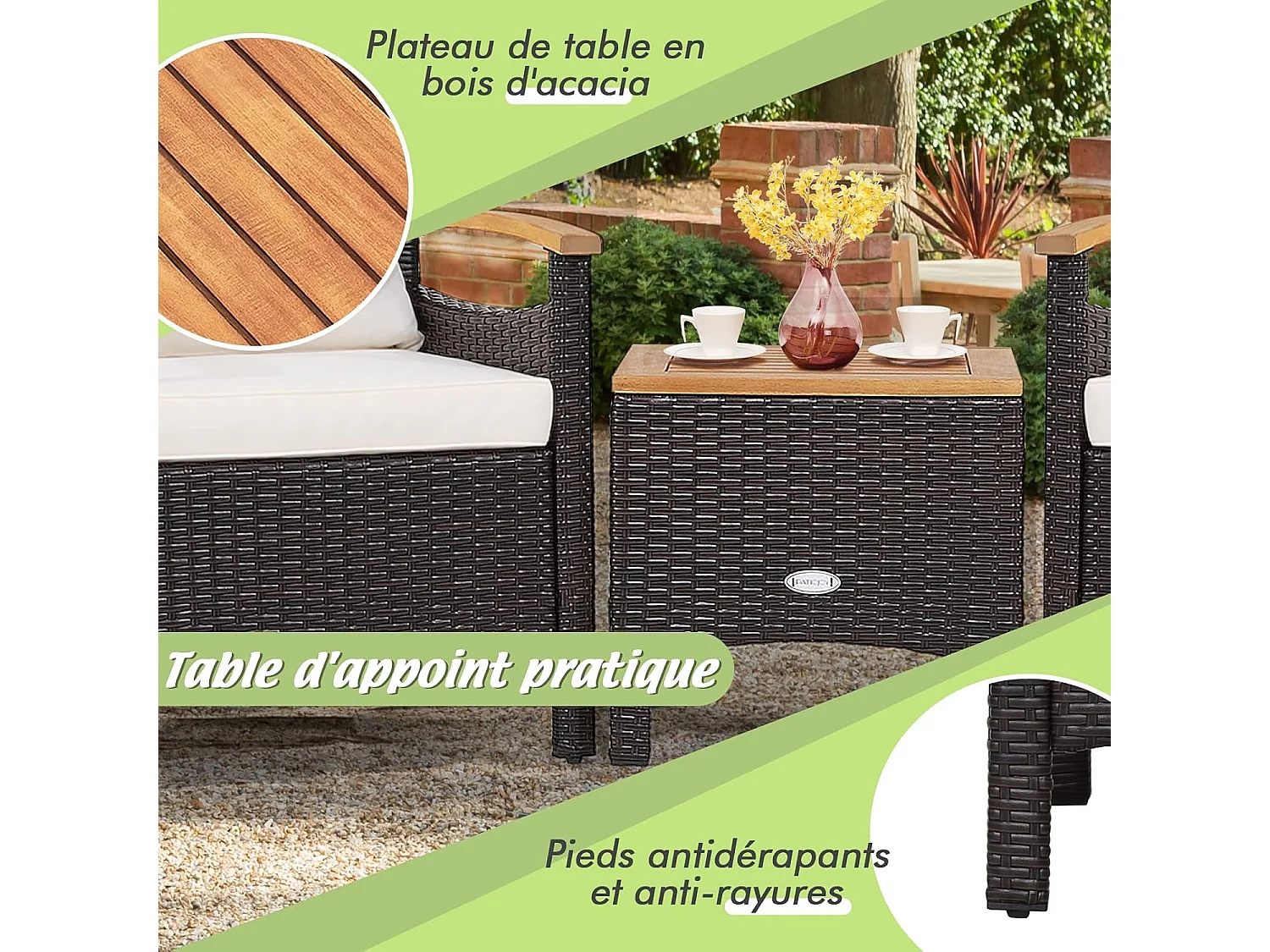 Salon de Jardin en Rotin et fibre naturelle - 3 Pièces - Table Basse et 2 Fauteuils avec Coussin Amovible - Accoudoirs en Bois d’Acacia