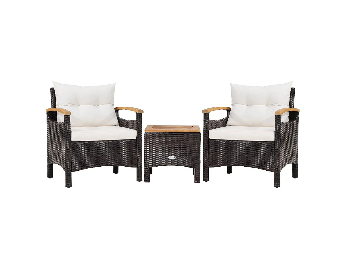 Salon de Jardin en Rotin et fibre naturelle - 3 Pièces - Table Basse et 2 Fauteuils avec Coussin Amovible - Accoudoirs en Bois d’Acacia