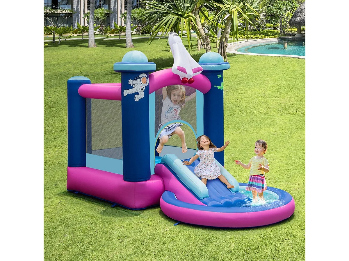 Toboggan Aquatique Gonflable Thème de l'espace avec Gonfleur 480 W Piscine à Eclaboussures Toboggan Portable,Sac de Transport et Piquets