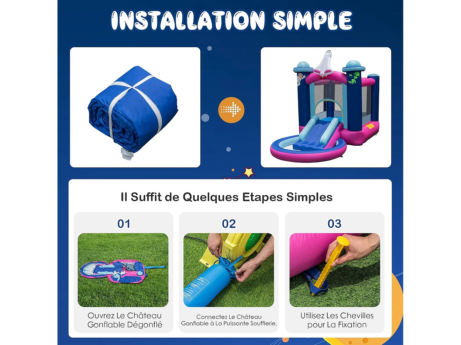 Toboggan Aquatique Gonflable Thème de l'espace avec Gonfleur 480 W Piscine à Eclaboussures Toboggan Portable,Sac de Transport et Piquets