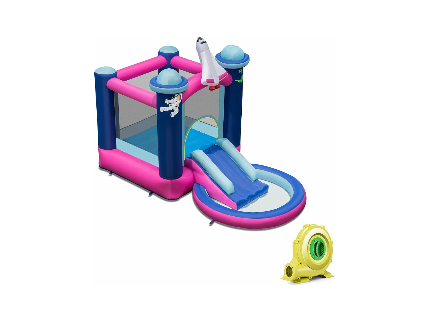 Toboggan Aquatique Gonflable Thème de l'espace avec Gonfleur 480 W Piscine à Eclaboussures Toboggan Portable,Sac de Transport et Piquets