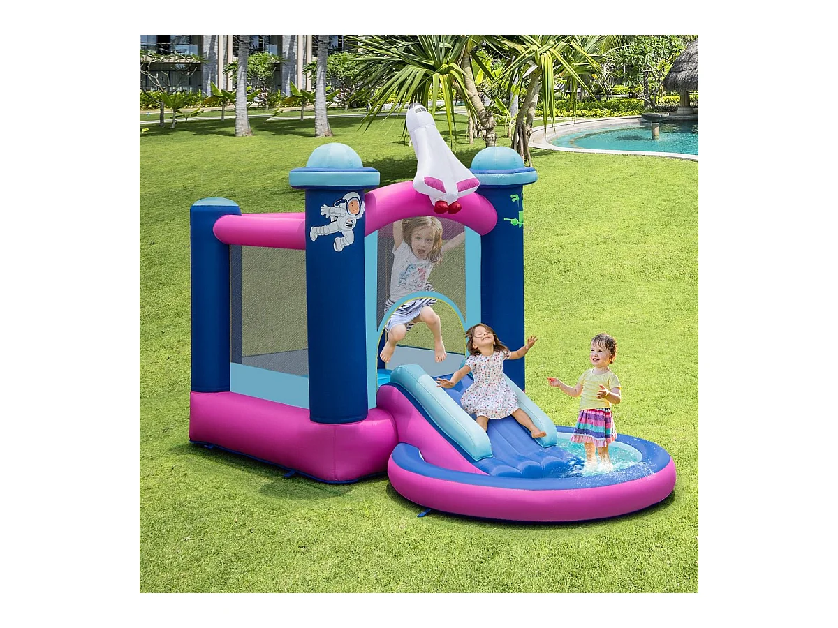 Toboggan Aquatique Gonflable Thème de l'espace avec Gonfleur 480 W Piscine à Eclaboussures Toboggan Portable,Sac de Transport et Piquets