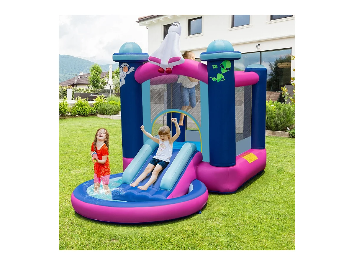 Toboggan Aquatique Gonflable Thème de l'espace avec Gonfleur 480 W Piscine à Eclaboussures Toboggan Portable,Sac de Transport et Piquets