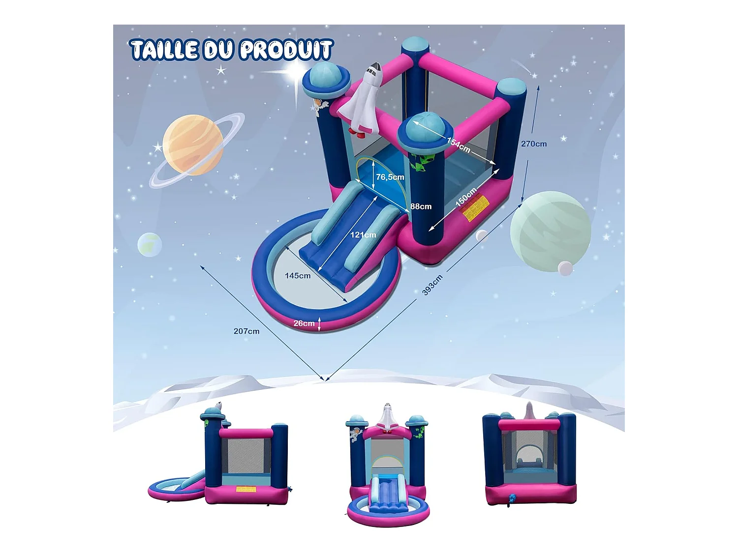 Toboggan Aquatique Gonflable Thème de l'espace avec Gonfleur 480 W Piscine à Eclaboussures Toboggan Portable,Sac de Transport et Piquets